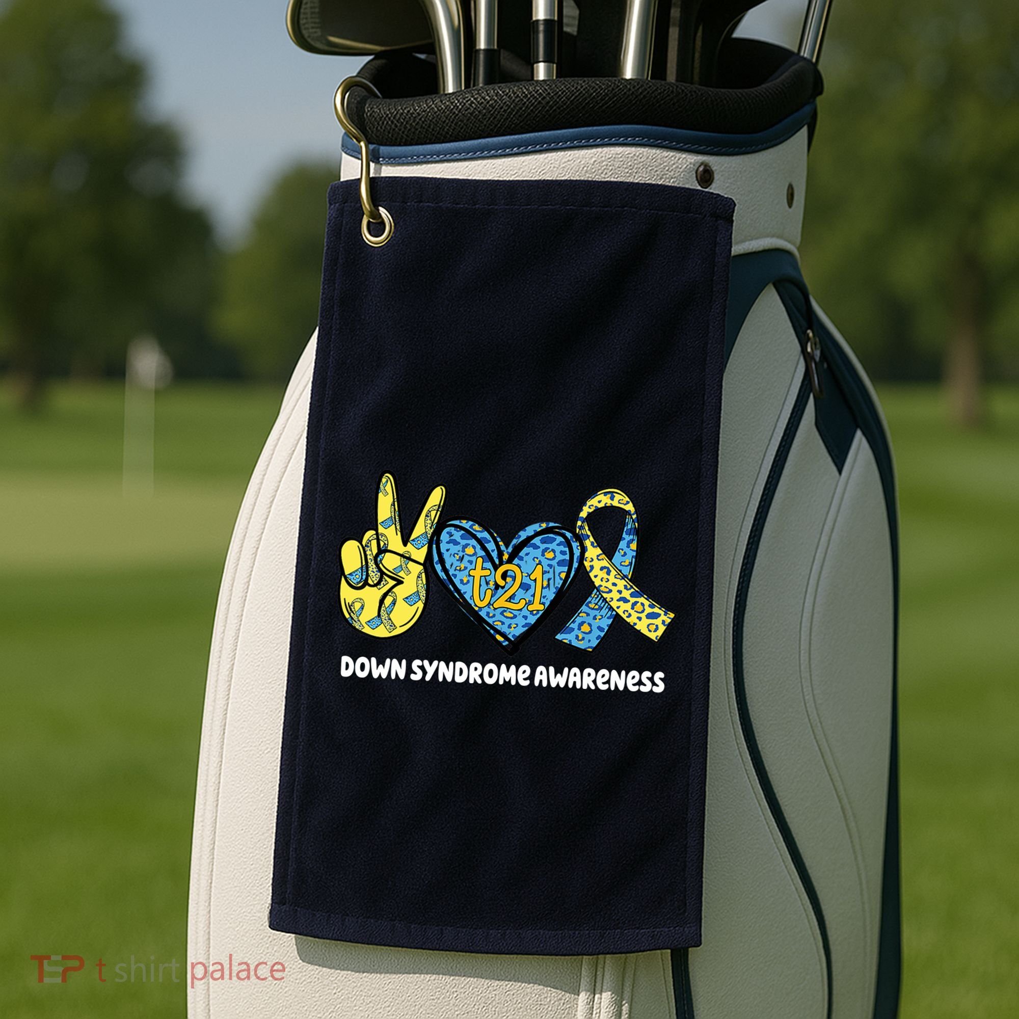 Down Syndrome Awareness T21 Peace Love Ribbon Golf Towel