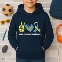 Down Syndrome Awareness T21 Peace Love Ribbon Kids Hoodie thumb 2