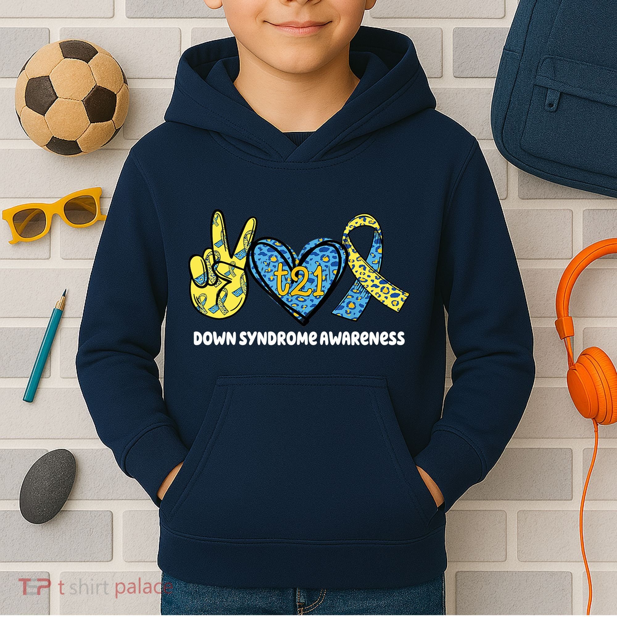 Down Syndrome Awareness T21 Peace Love Ribbon Kids Hoodie