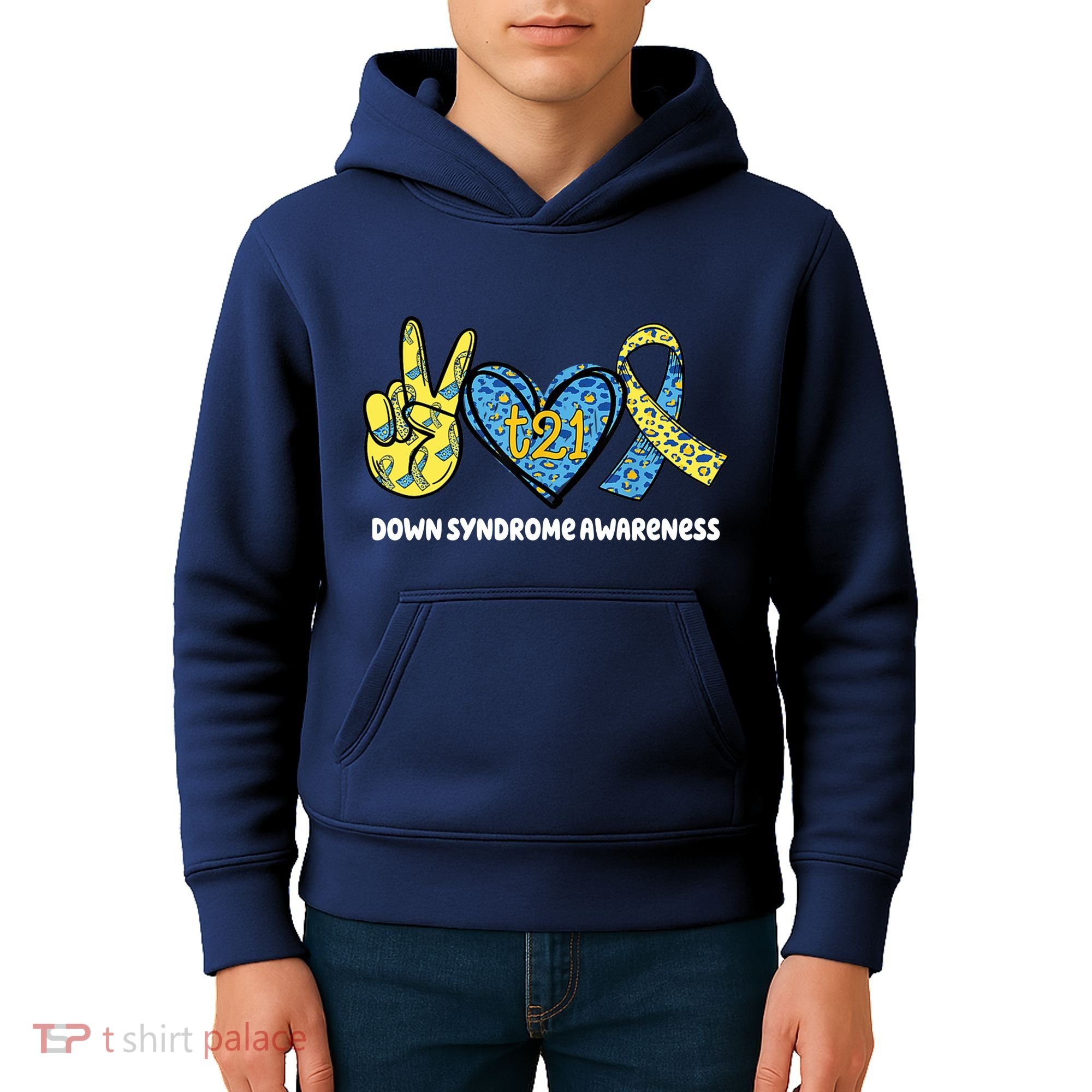 Down Syndrome Awareness T21 Peace Love Ribbon Kids Hoodie