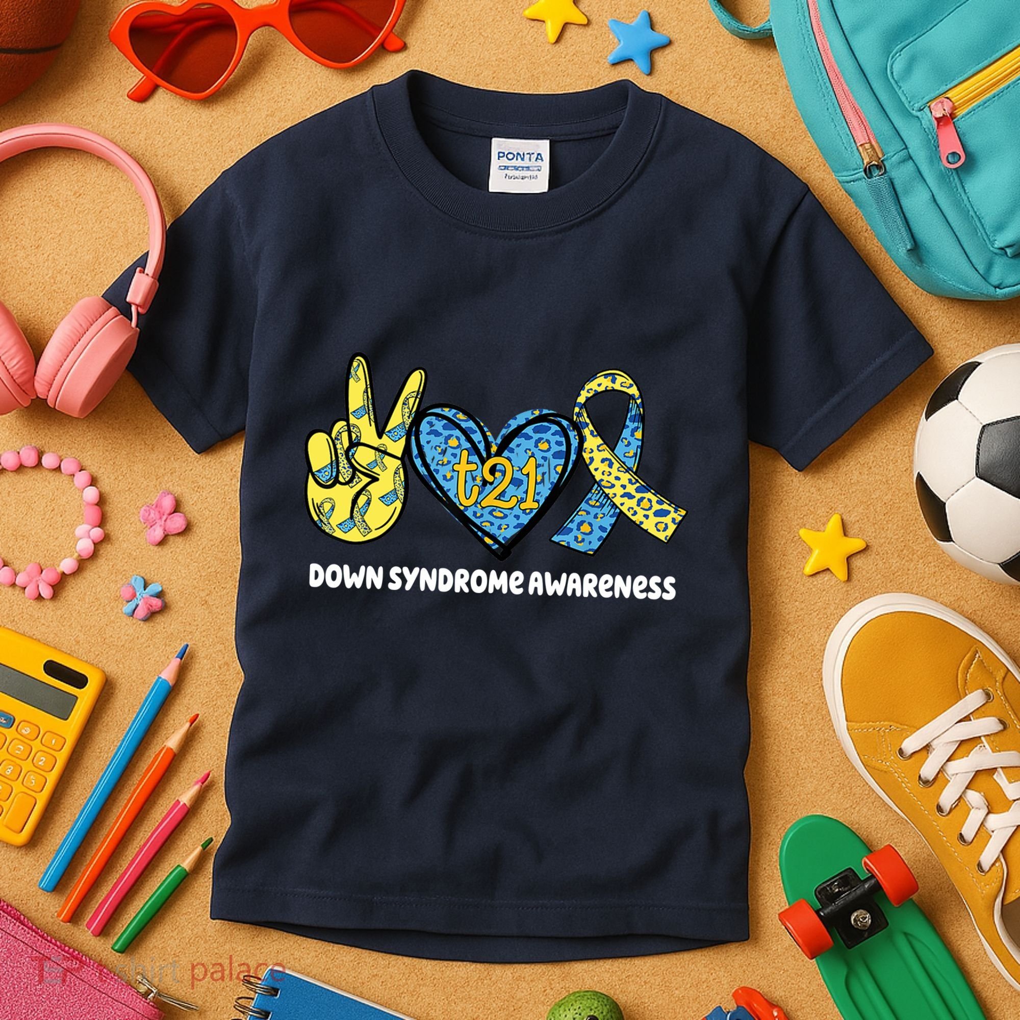 Down Syndrome Awareness T21 Peace Love Ribbon Kids T-Shirt