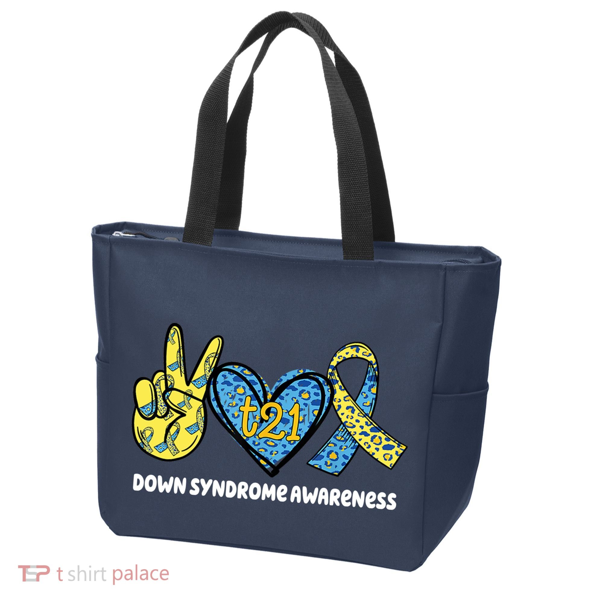 Down Syndrome Awareness T21 Peace Love Ribbon Tote Bag