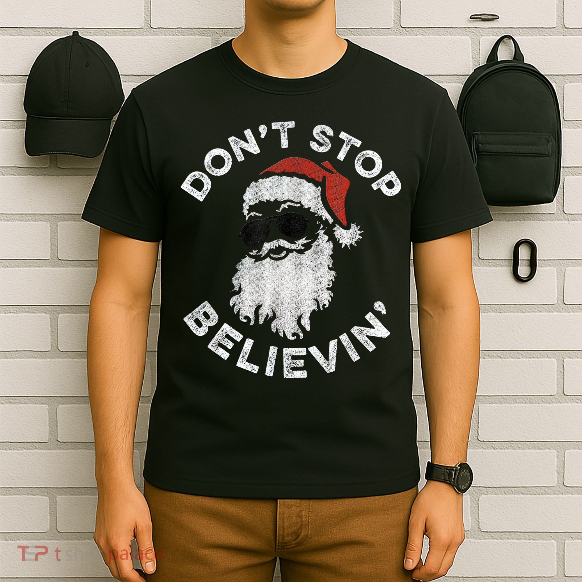 Don't Stop Believin' Cool Shades Santa T-Shirt