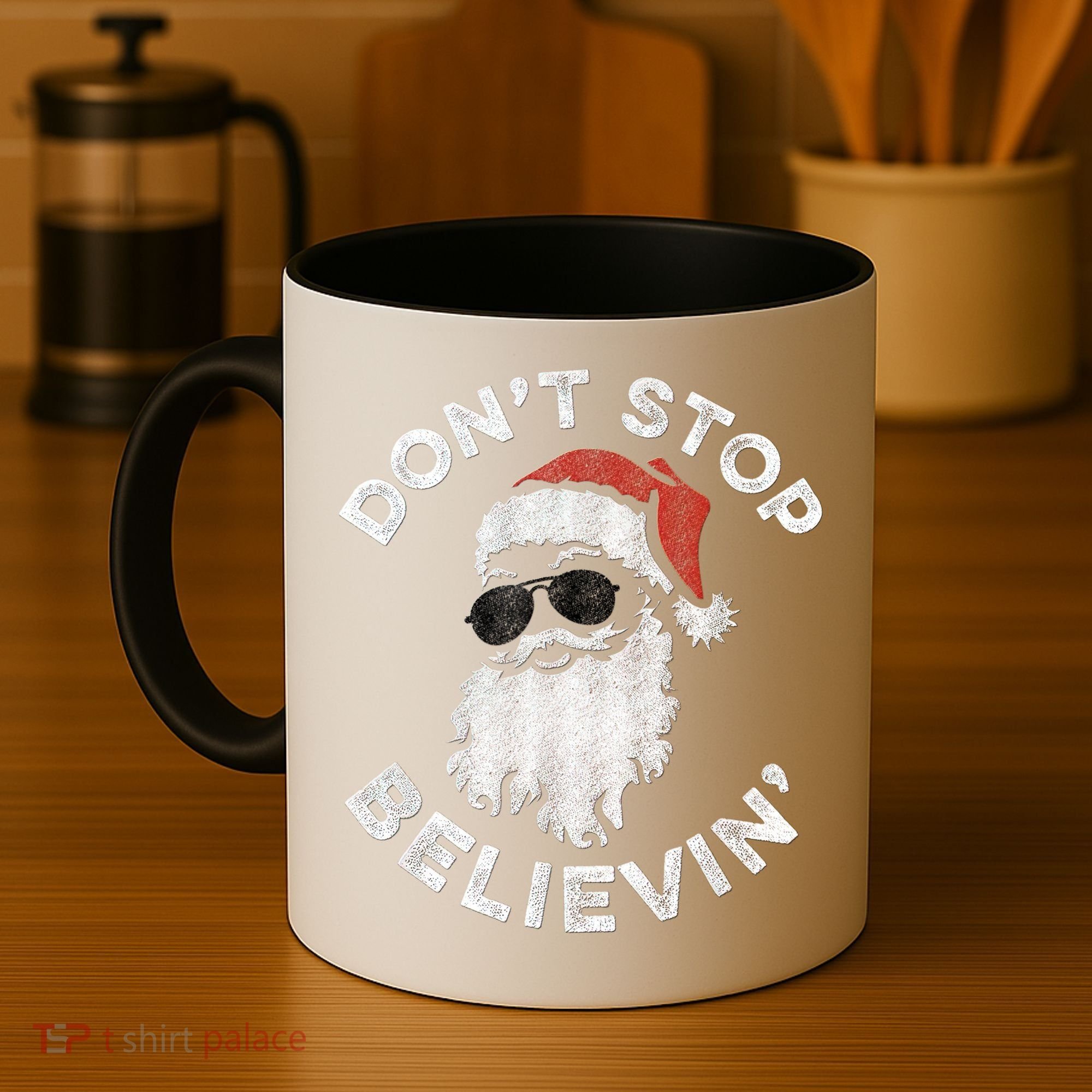 Don't Stop Believin' Cool Shades Santa Coffee Mug
