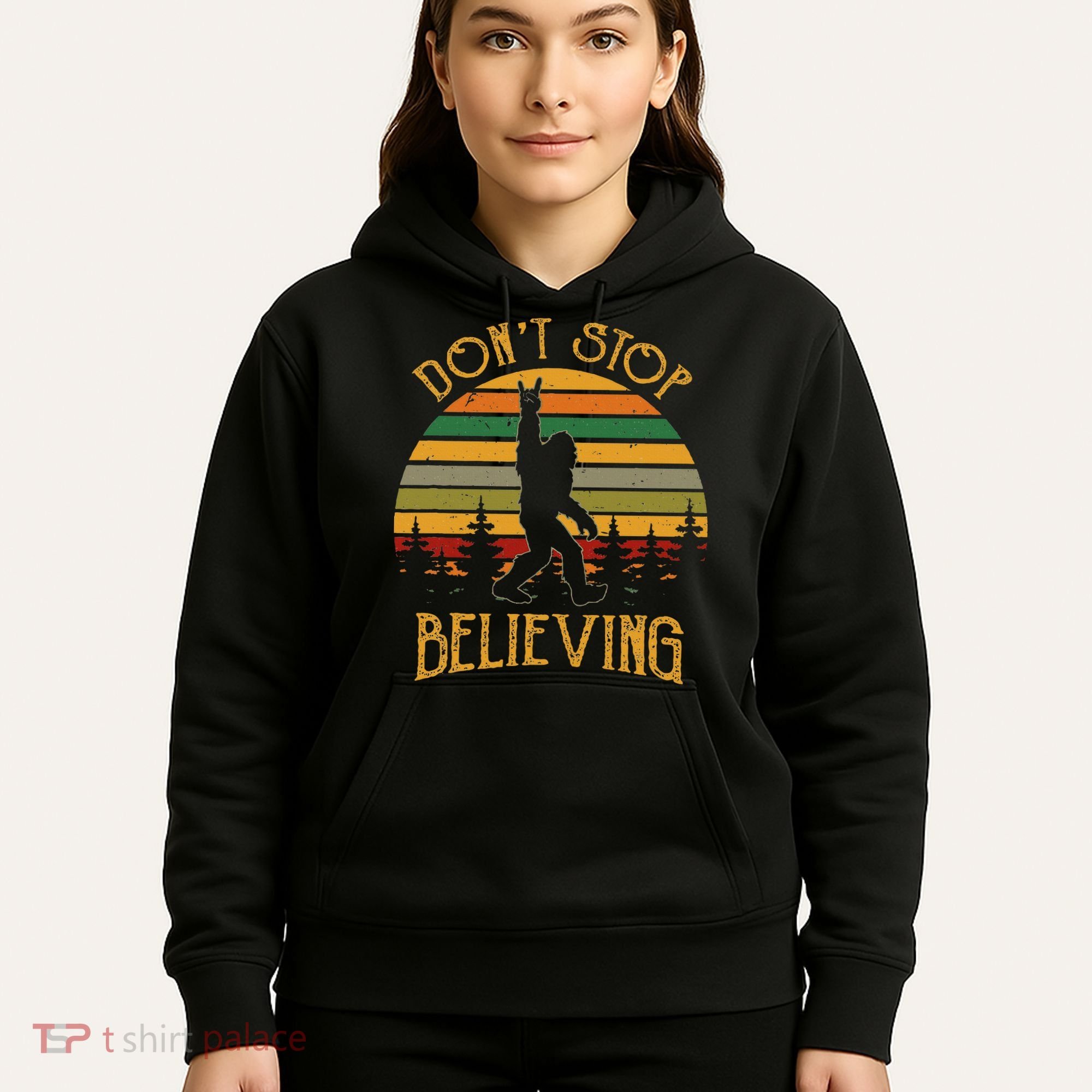DonT Stop Believing Bigfoot Rock & Roll Retro Sasquatch Hoodie