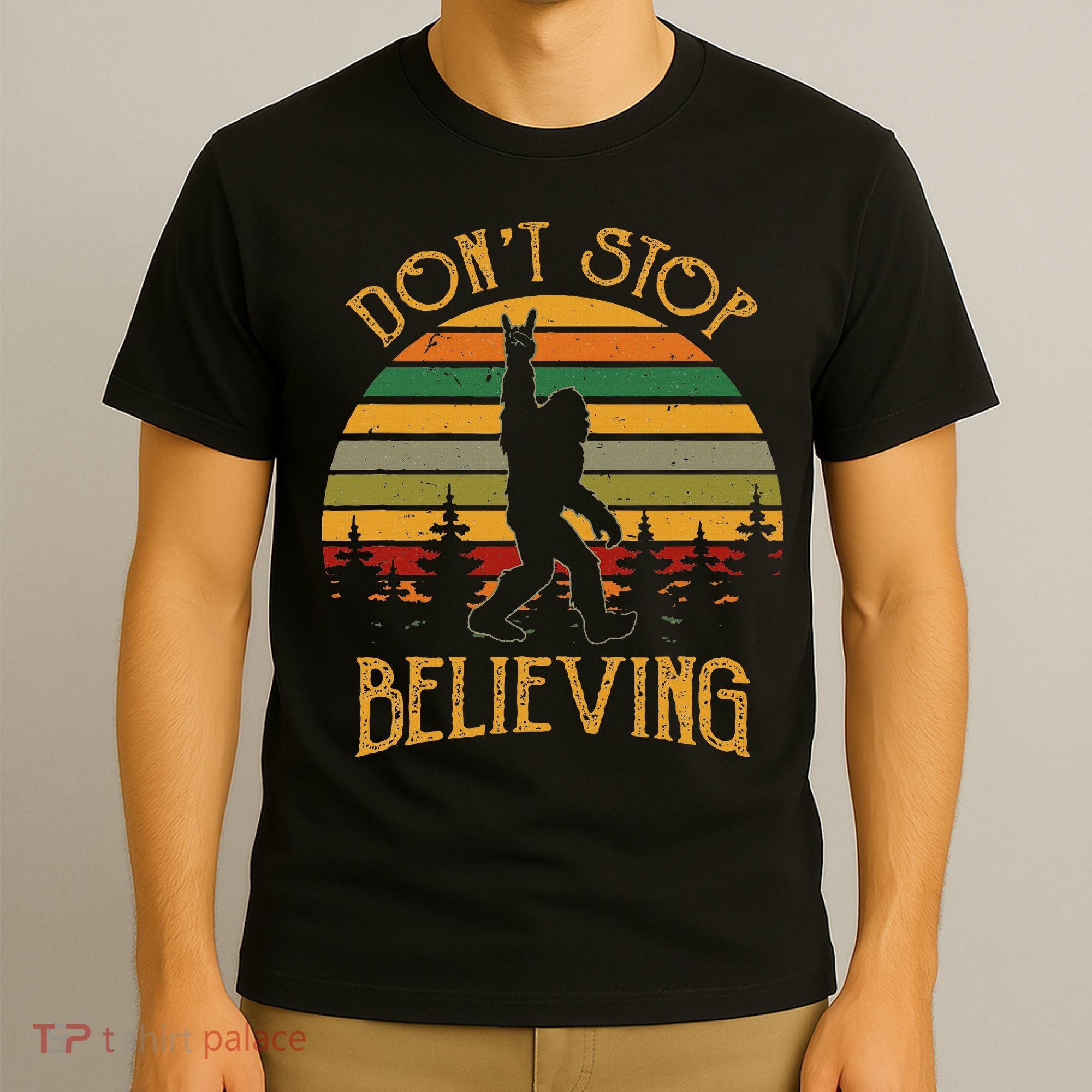 DonT Stop Believing Bigfoot Rock & Roll Retro Sasquatch T-Shirt
