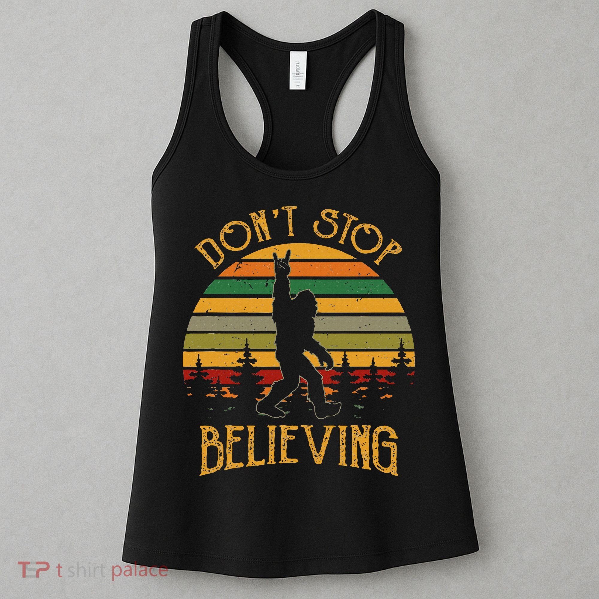 DonT Stop Believing Bigfoot Rock & Roll Retro Sasquatch Women's Tank Top