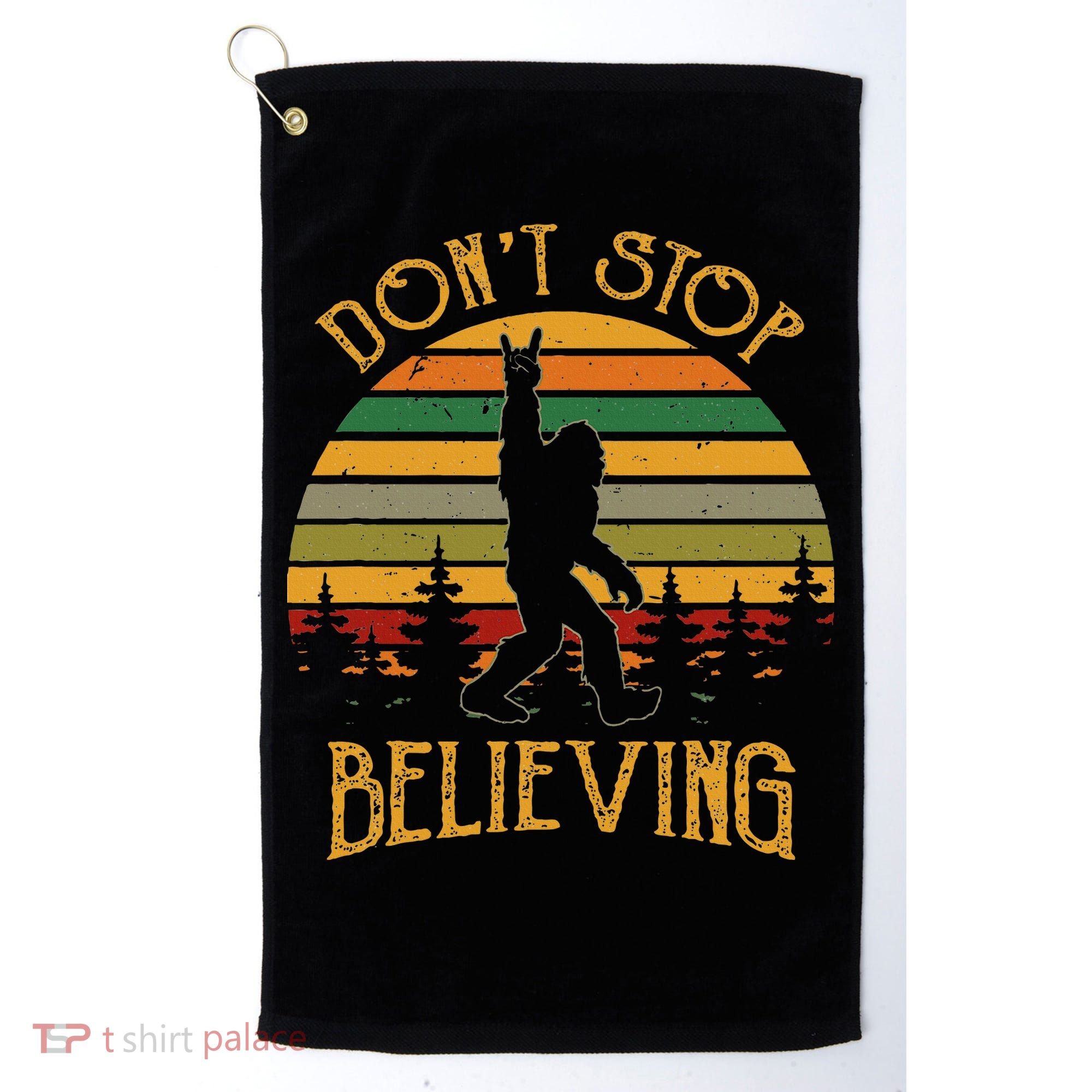 DonT Stop Believing Bigfoot Rock & Roll Retro Sasquatch Golf Towel