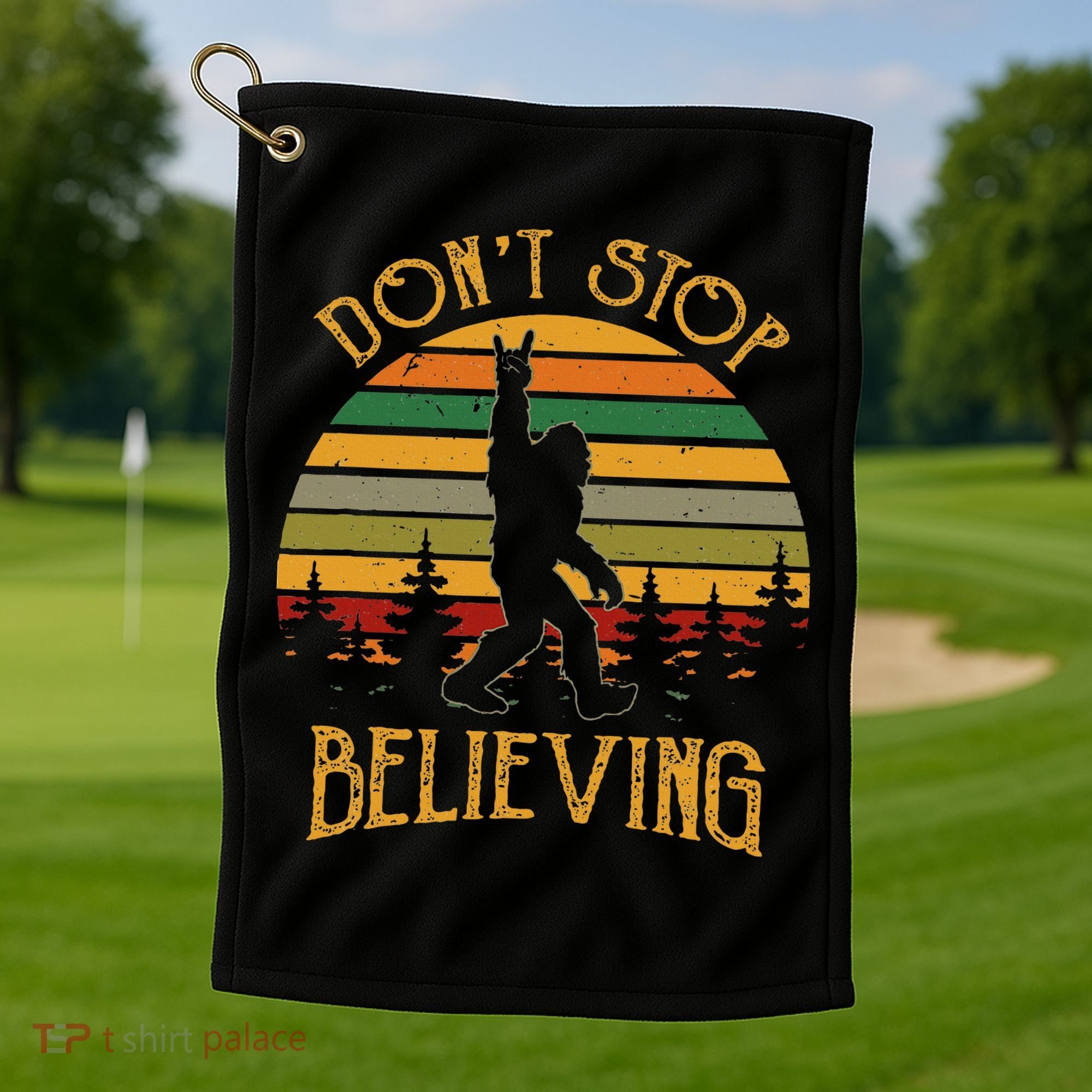 DonT Stop Believing Bigfoot Rock & Roll Retro Sasquatch Golf Towel