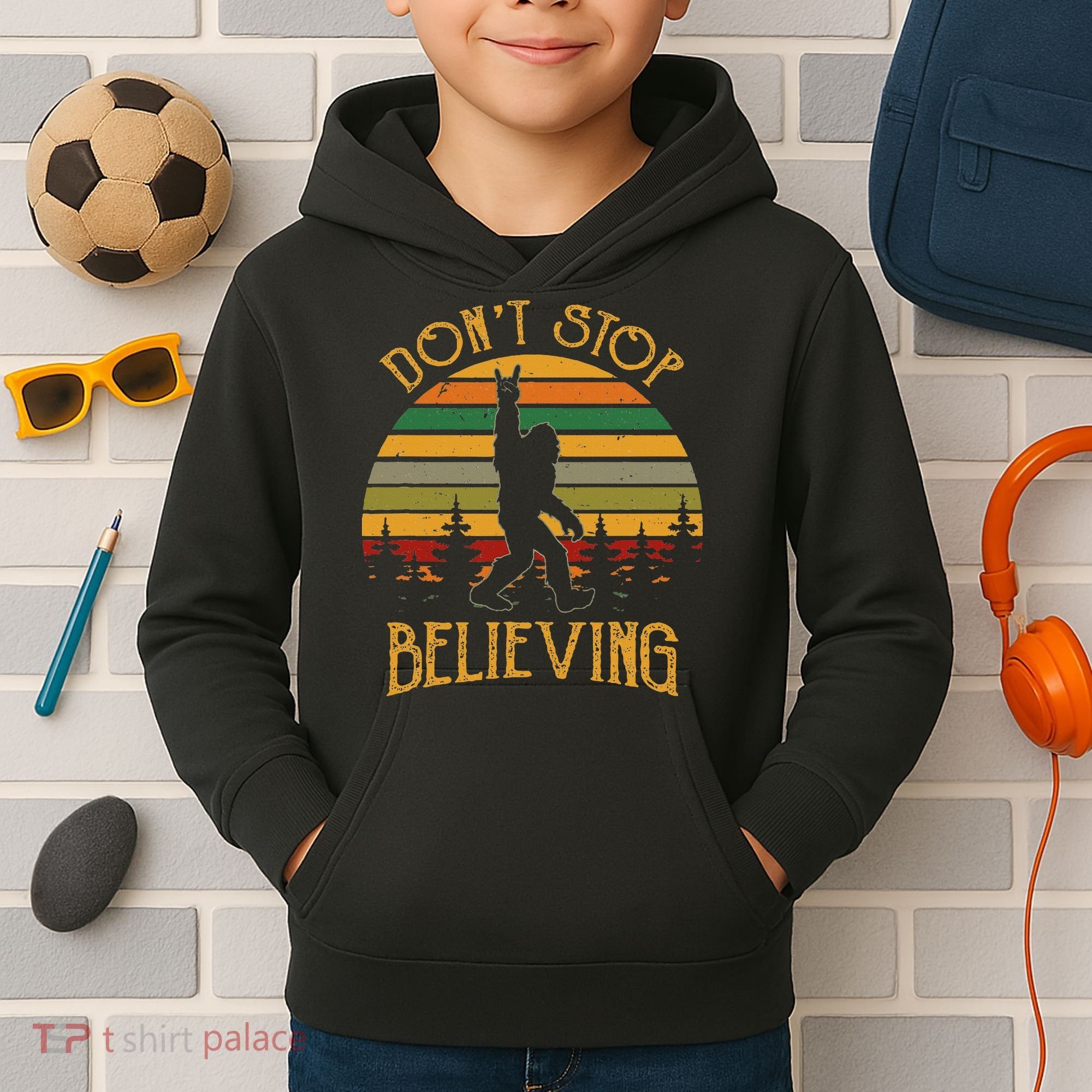 DonT Stop Believing Bigfoot Rock & Roll Retro Sasquatch Kids Hoodie