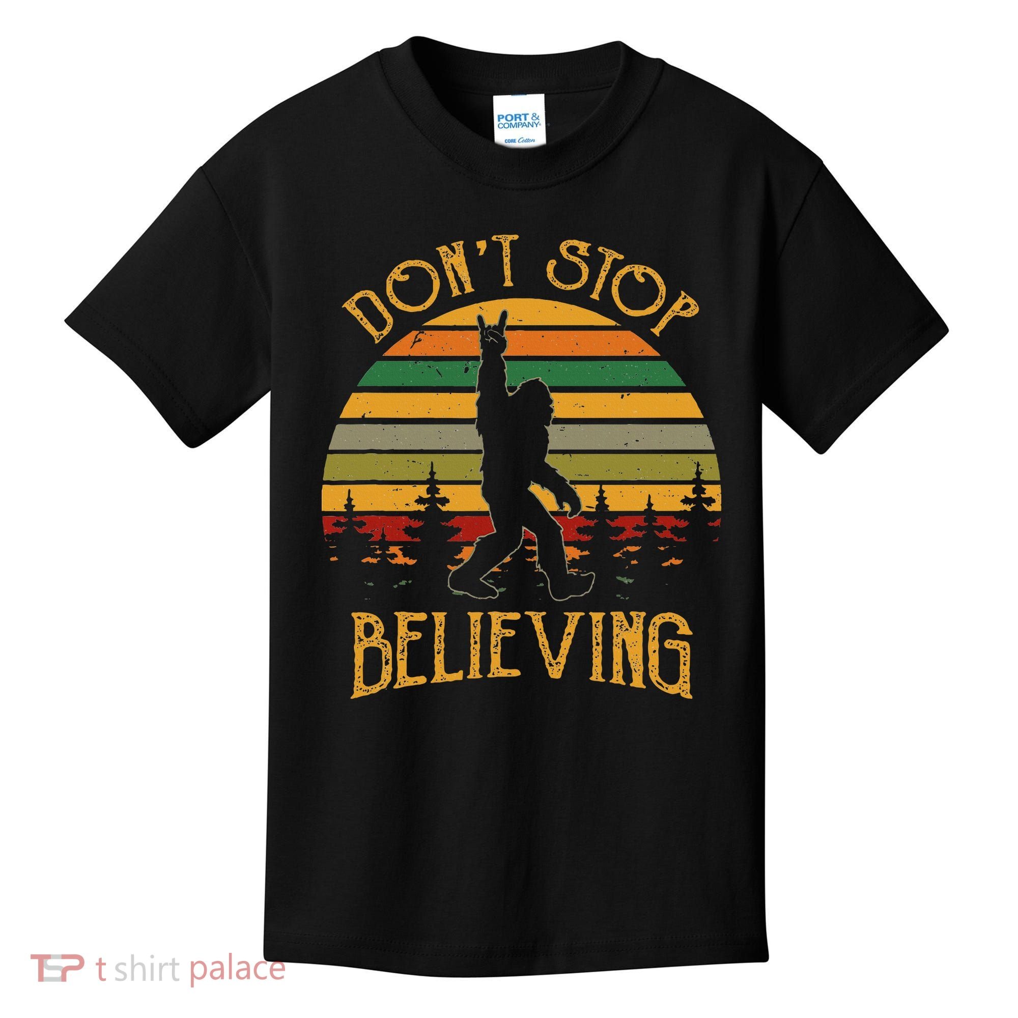 DonT Stop Believing Bigfoot Rock & Roll Retro Sasquatch Kids T-Shirt