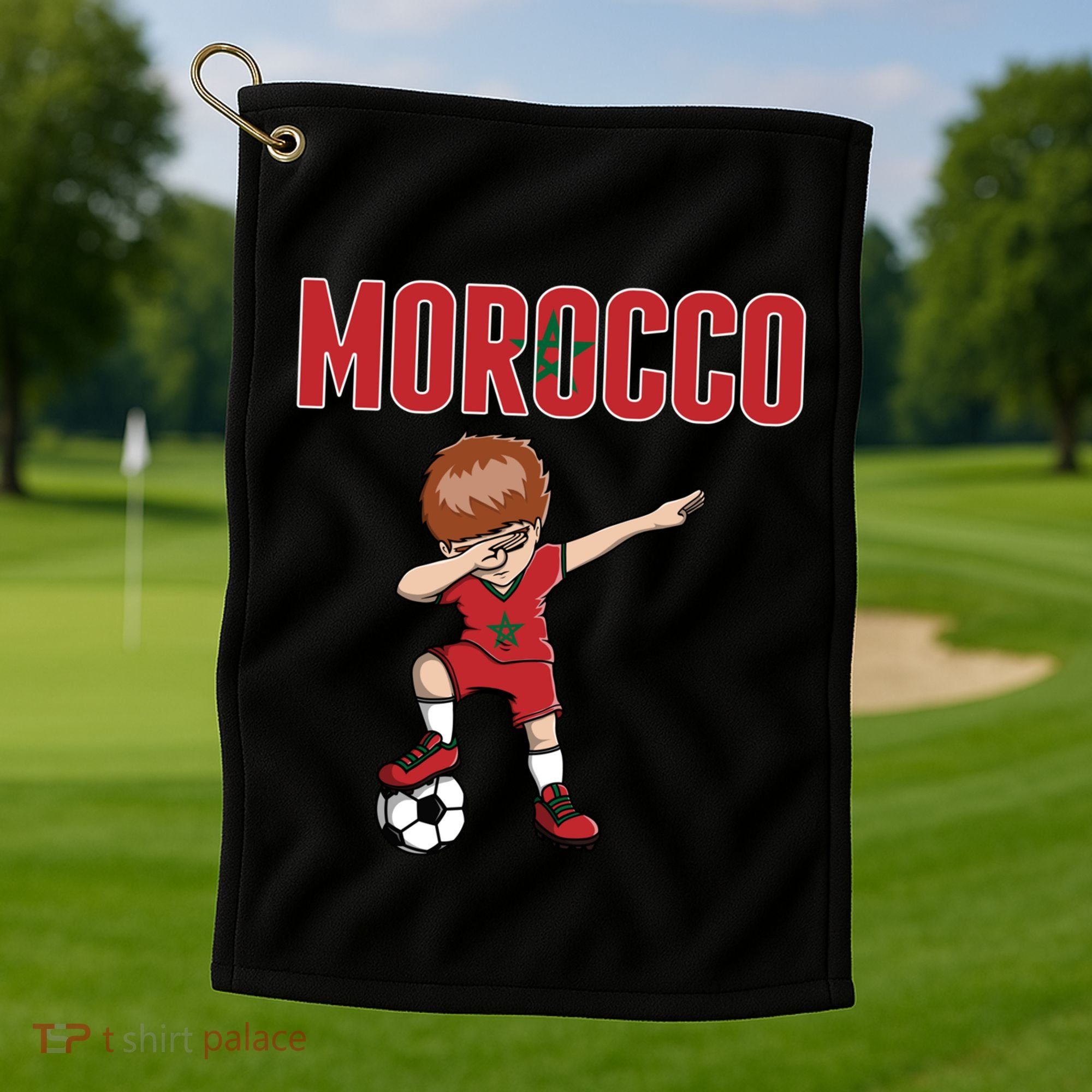 Dabbing Soccer Boy Morocco Soccer Fans Jersey Moroccan Flag Funny Gift Golf Towel