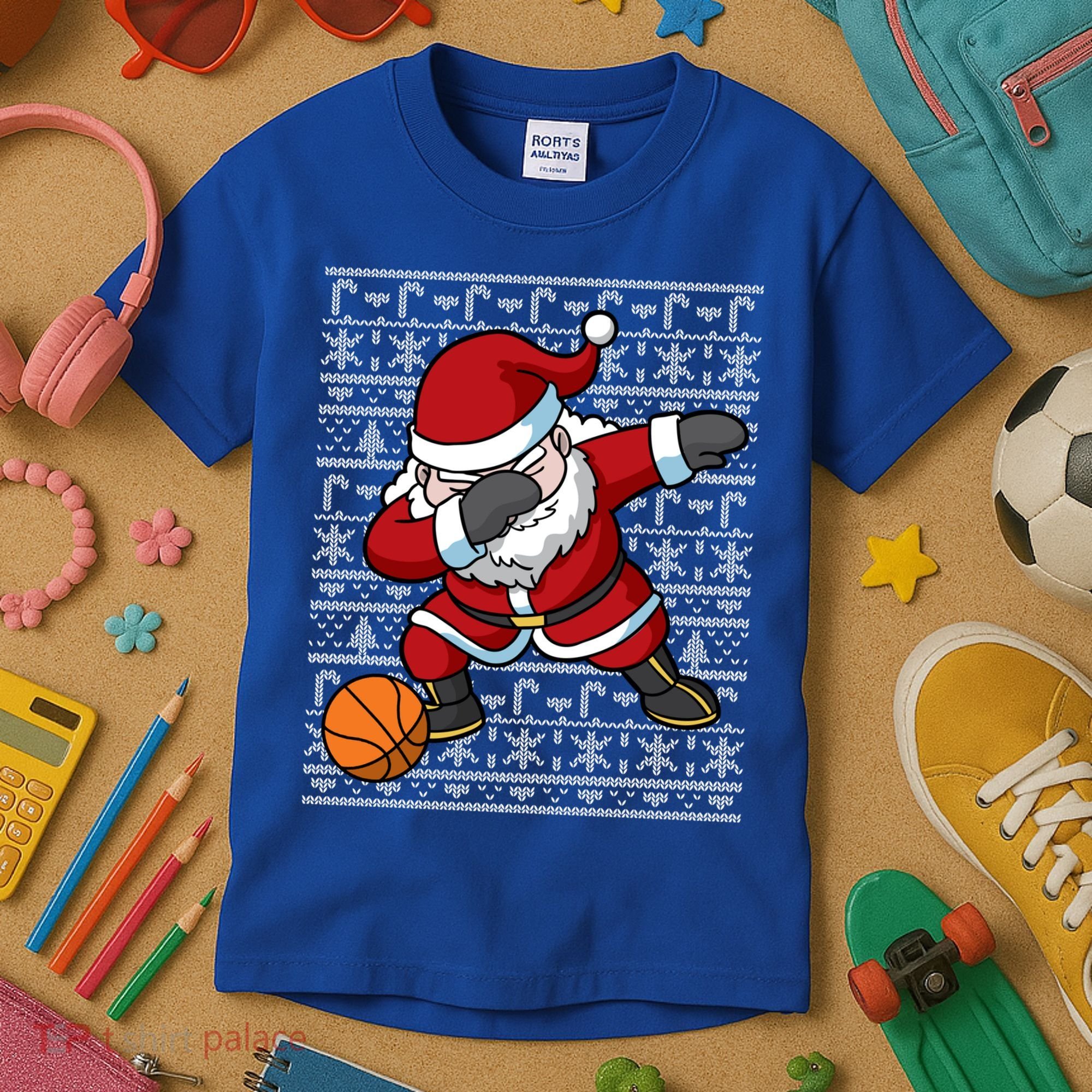 Dabbing Santa Basketball Ugly Christmas Sweater Pattern Cool Gift Kids T-Shirt