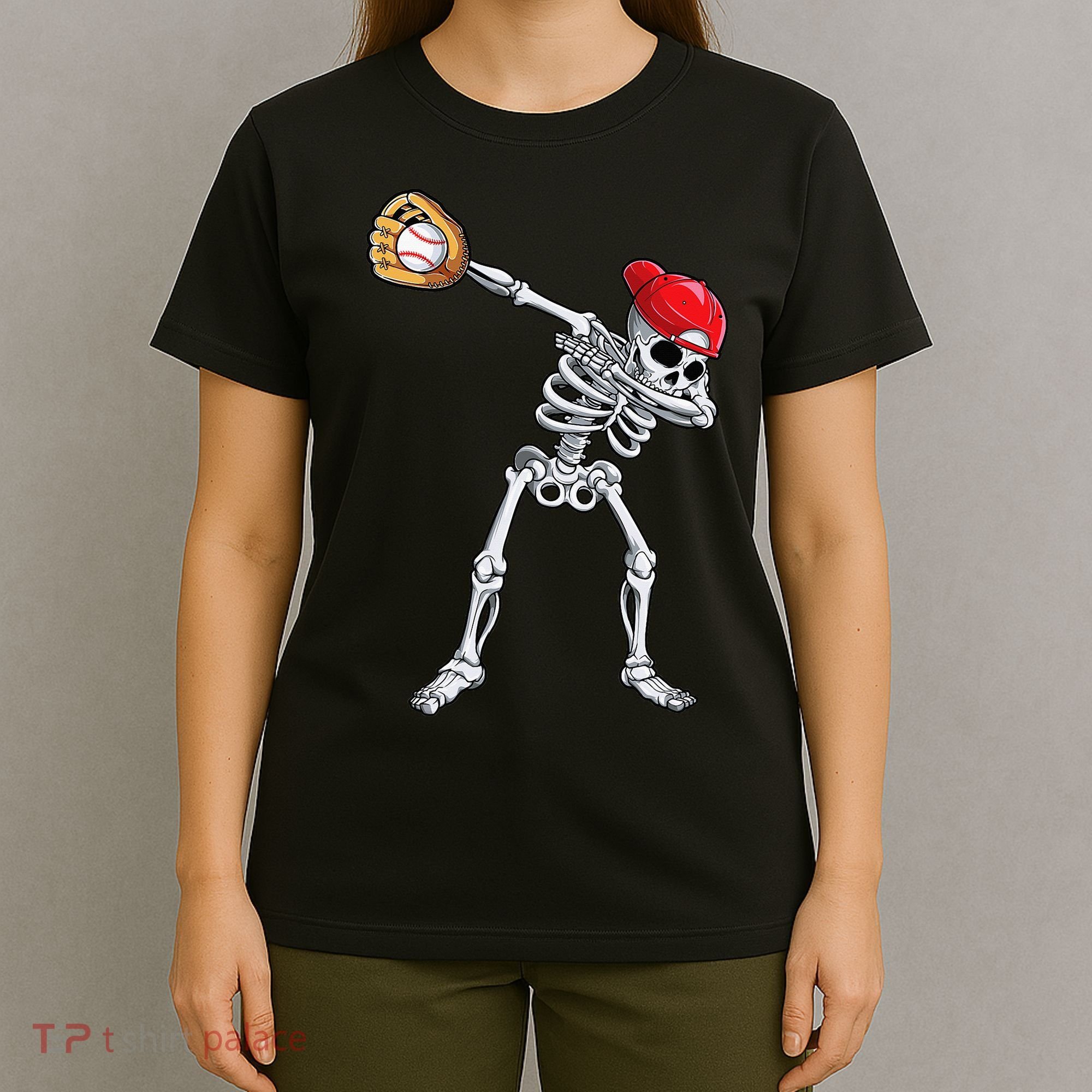 Dabbing Skeleton Baseball Halloween Player Catcher Pitcher T-Shirt