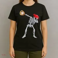 Dabbing Skeleton Baseball Halloween Player Catcher Pitcher T-Shirt thumb 4