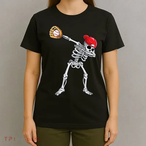 Dabbing Skeleton Baseball Halloween Player Catcher Pitcher T-Shirt