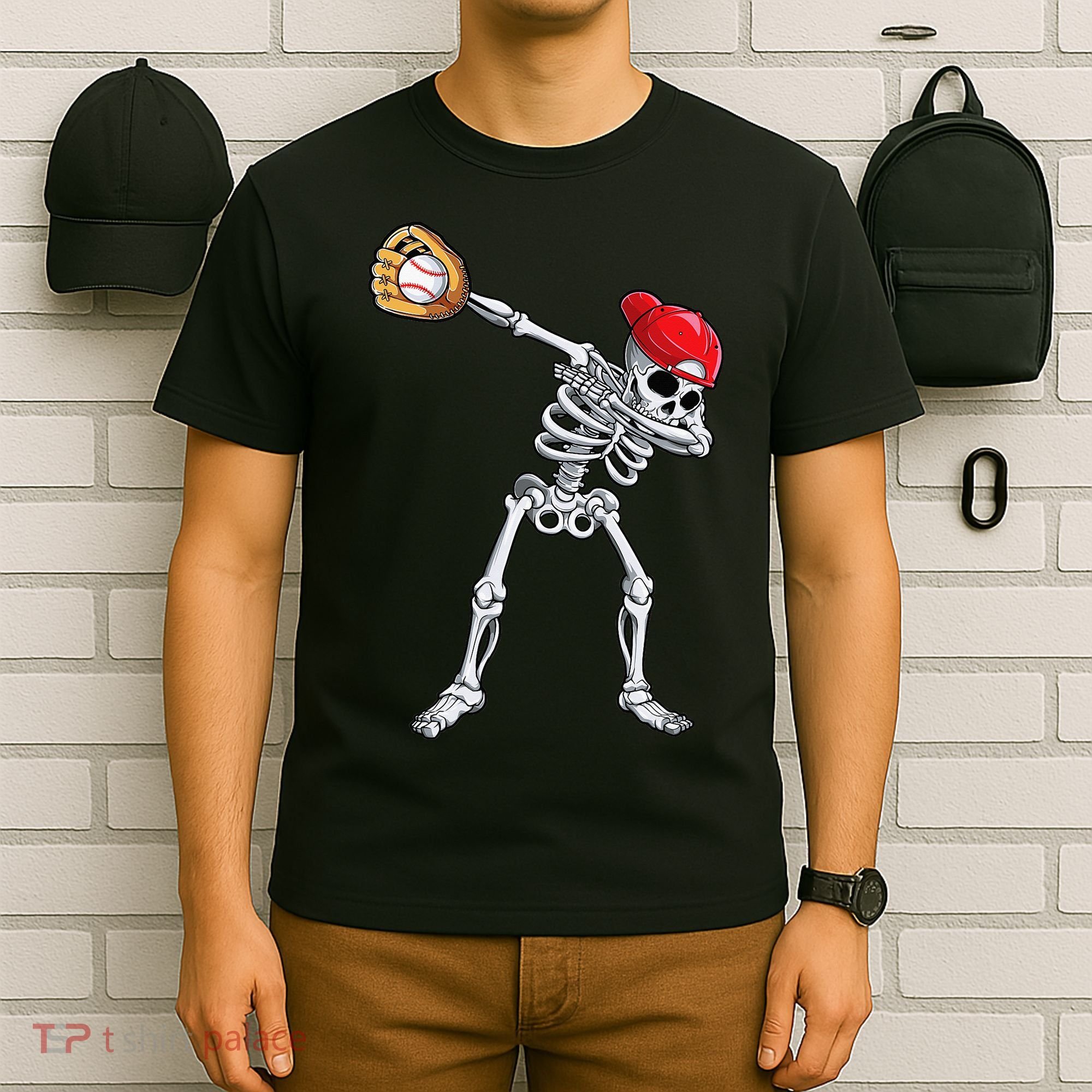 Dabbing Skeleton Baseball Halloween Player Catcher Pitcher T-Shirt