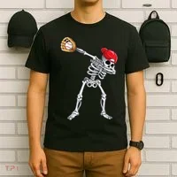 Dabbing Skeleton Baseball Halloween Player Catcher Pitcher T-Shirt thumb 6