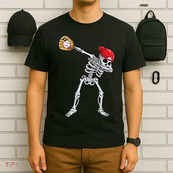 Dabbing Skeleton Baseball Halloween Player Catcher Pitcher T-Shirt