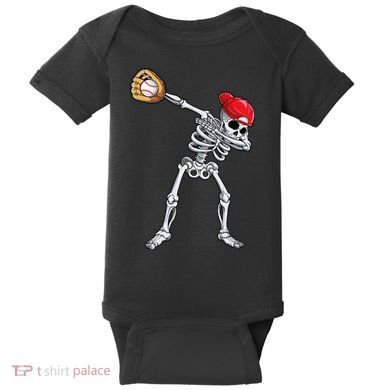Dabbing Skeleton Baseball Halloween Player Catcher Pitcher Baby Bodysuit