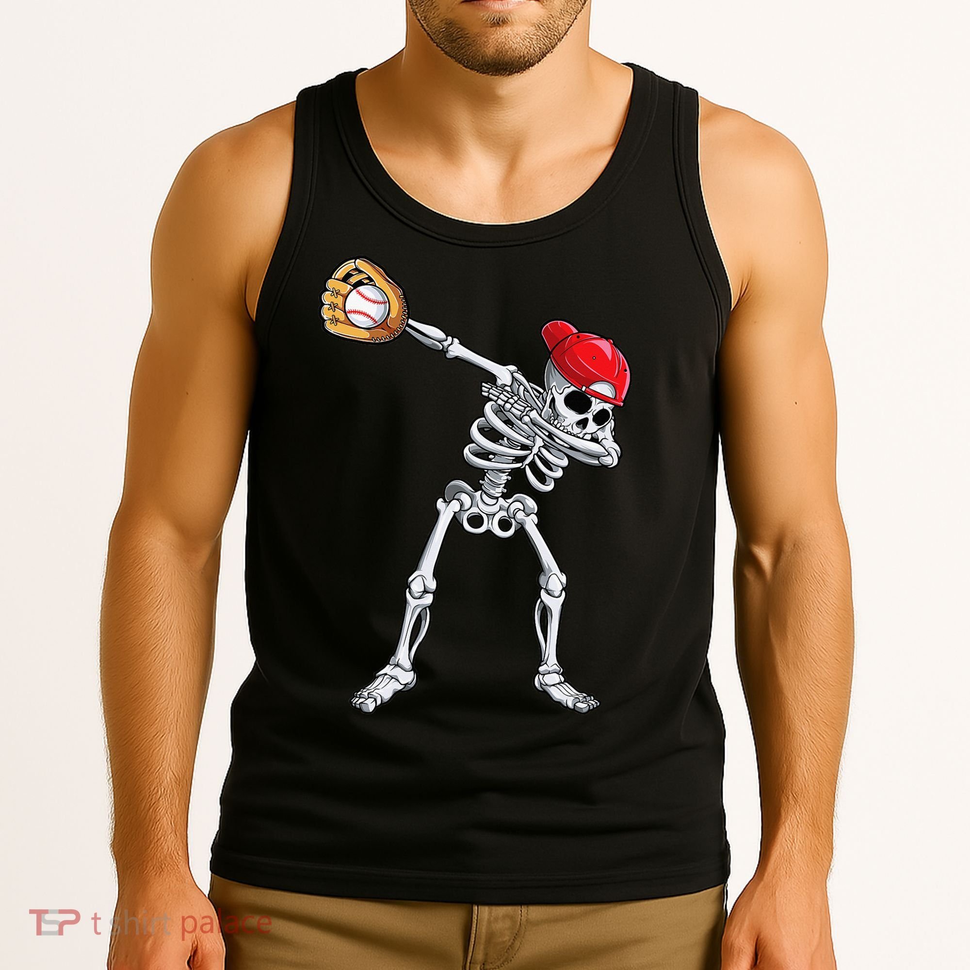 Dabbing Skeleton Baseball Halloween Player Catcher Pitcher Tank Top