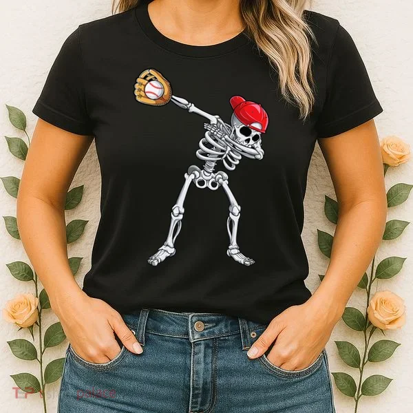 Dabbing Skeleton Baseball Halloween Player Catcher Pitcher Women's T-Shirt