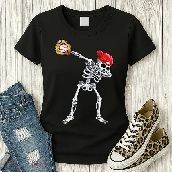 Dabbing Skeleton Baseball Halloween Player Catcher Pitcher Women's T-Shirt