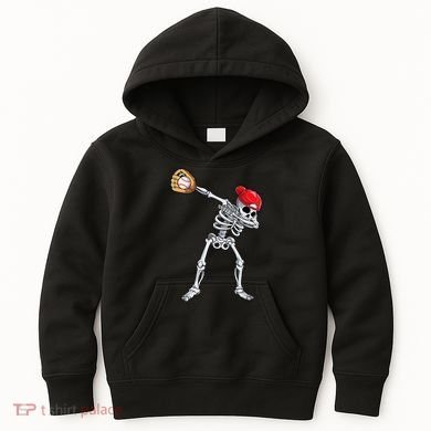 Dabbing Skeleton Baseball Halloween Player Catcher Pitcher Kids Hoodie