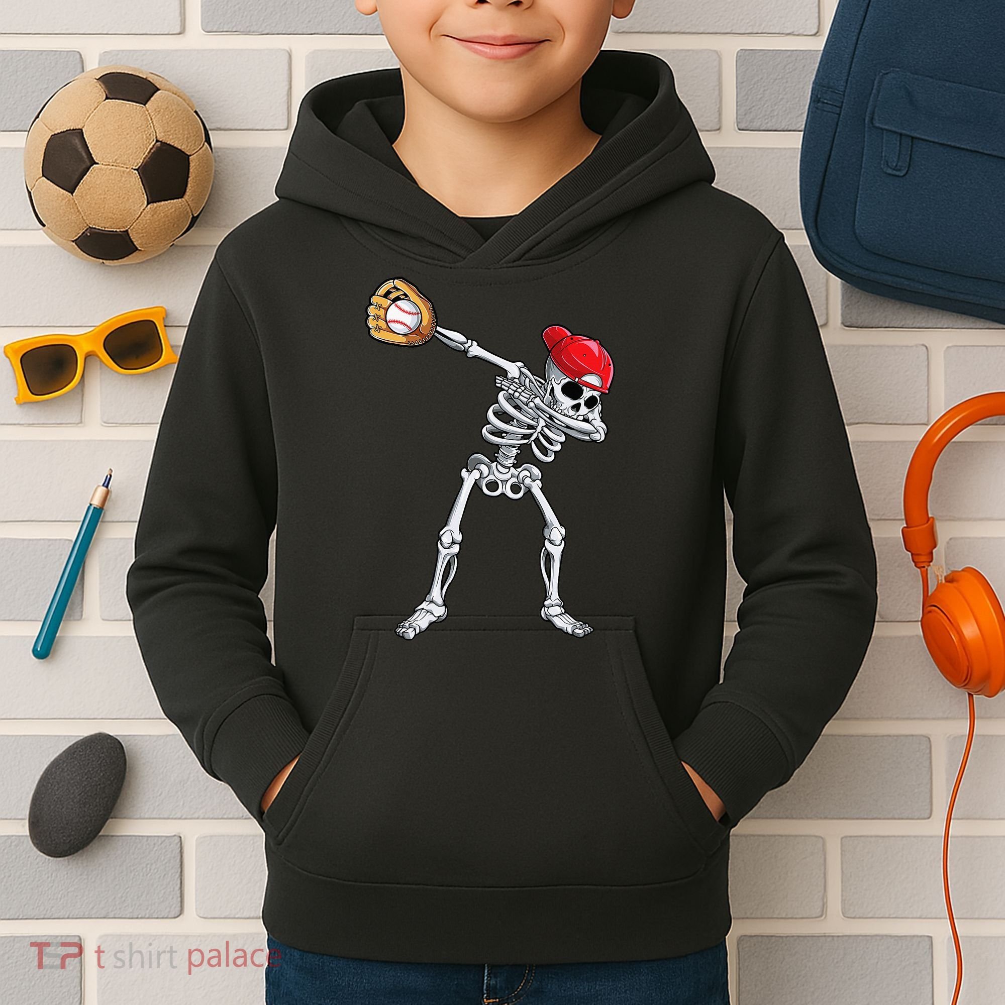 Dabbing Skeleton Baseball Halloween Player Catcher Pitcher Kids Hoodie
