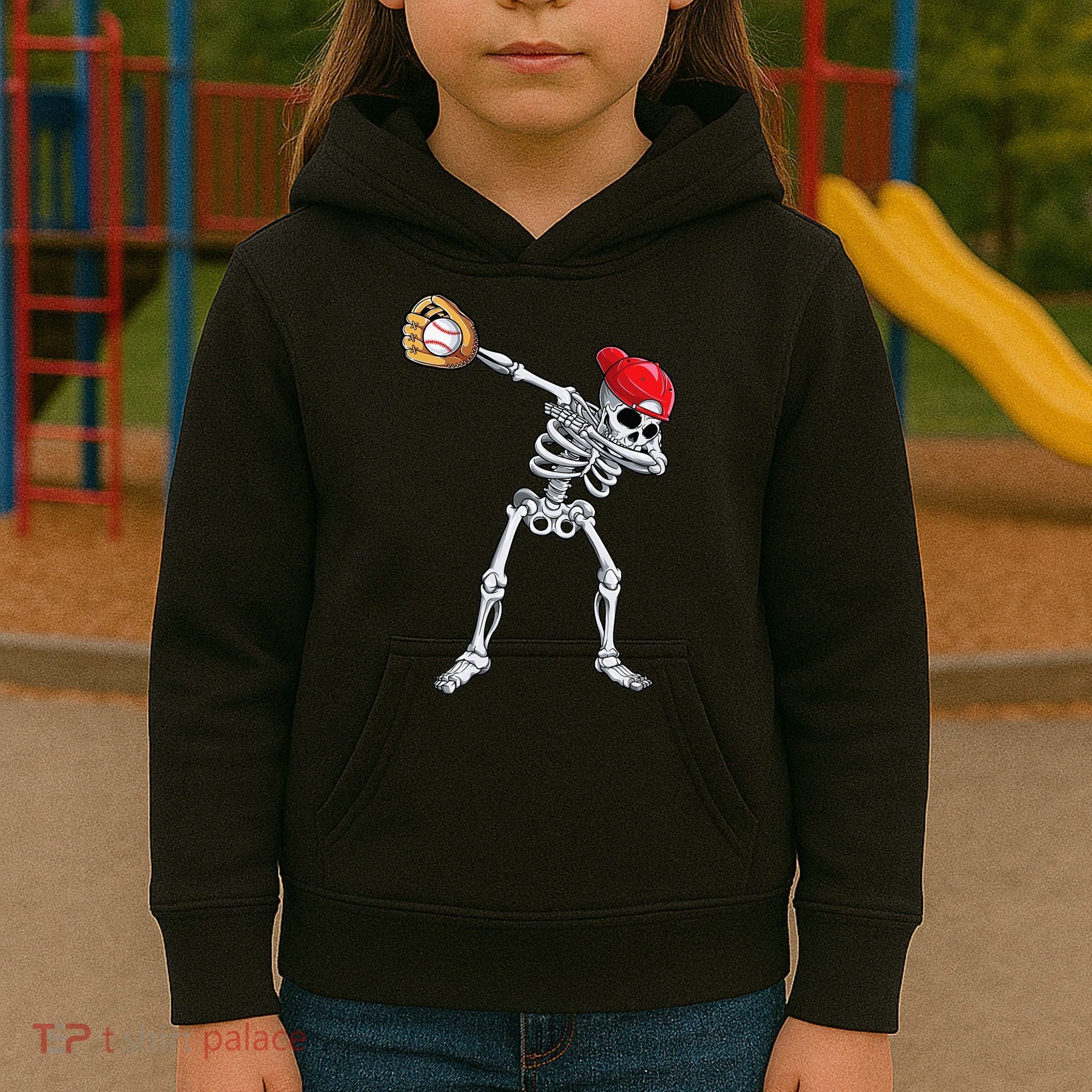 Dabbing Skeleton Baseball Halloween Player Catcher Pitcher Kids Hoodie