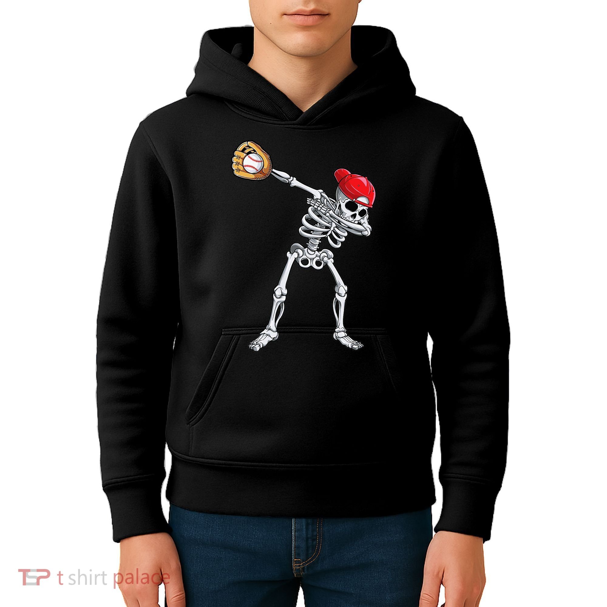 Dabbing Skeleton Baseball Halloween Player Catcher Pitcher Kids Hoodie