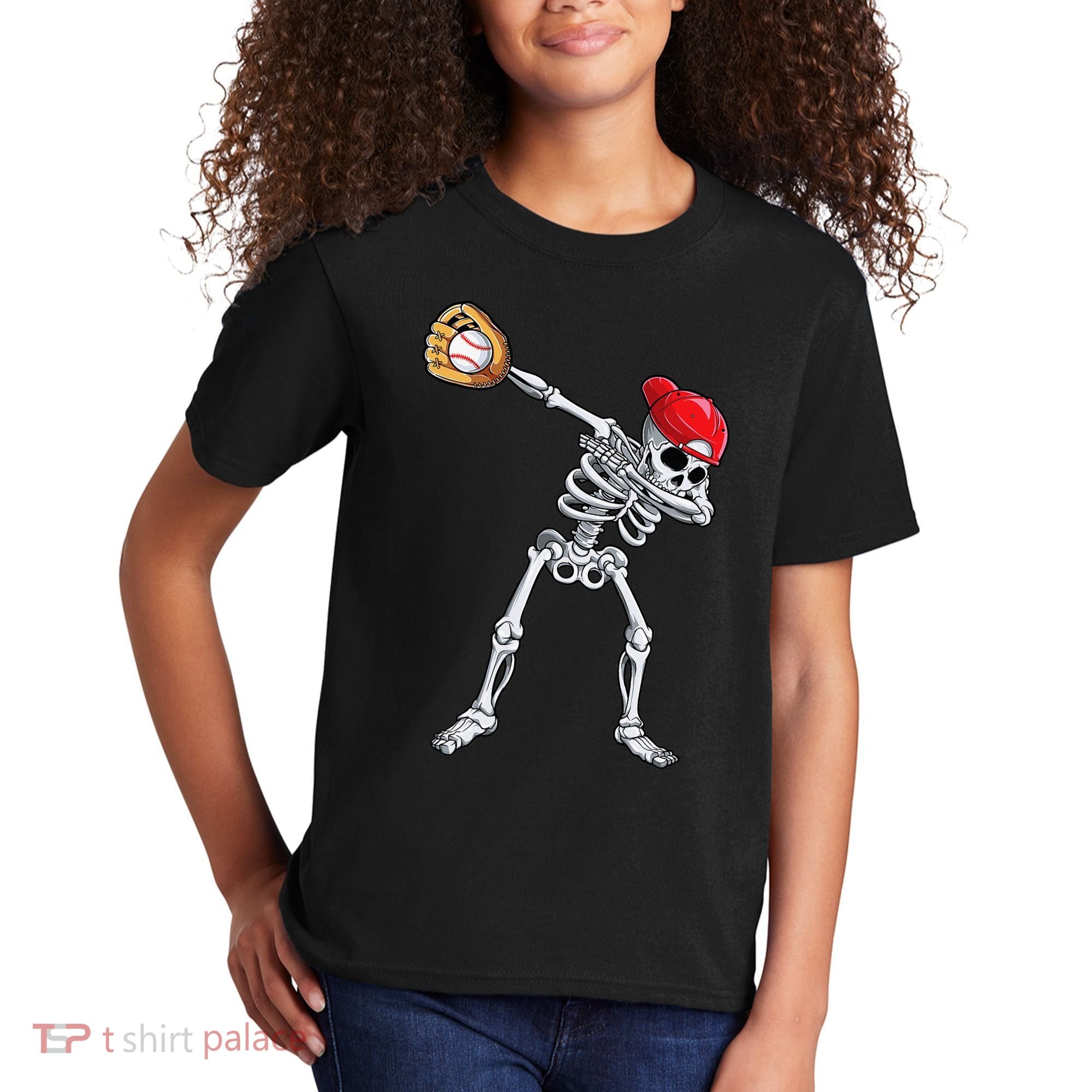 Dabbing Skeleton Baseball Halloween Player Catcher Pitcher Kids T-Shirt
