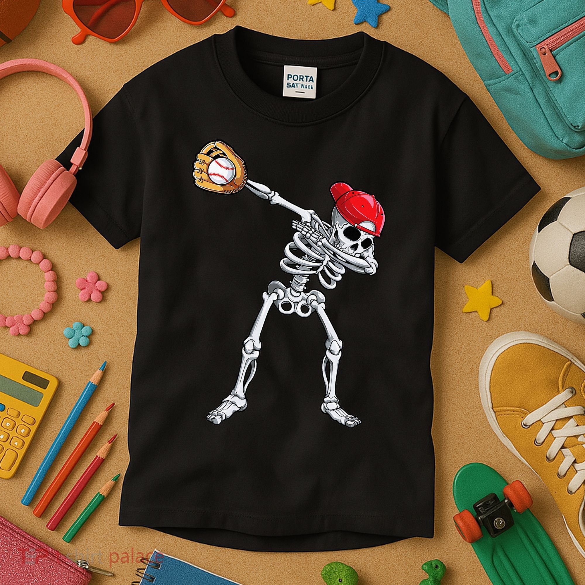 Dabbing Skeleton Baseball Halloween Player Catcher Pitcher Kids T-Shirt