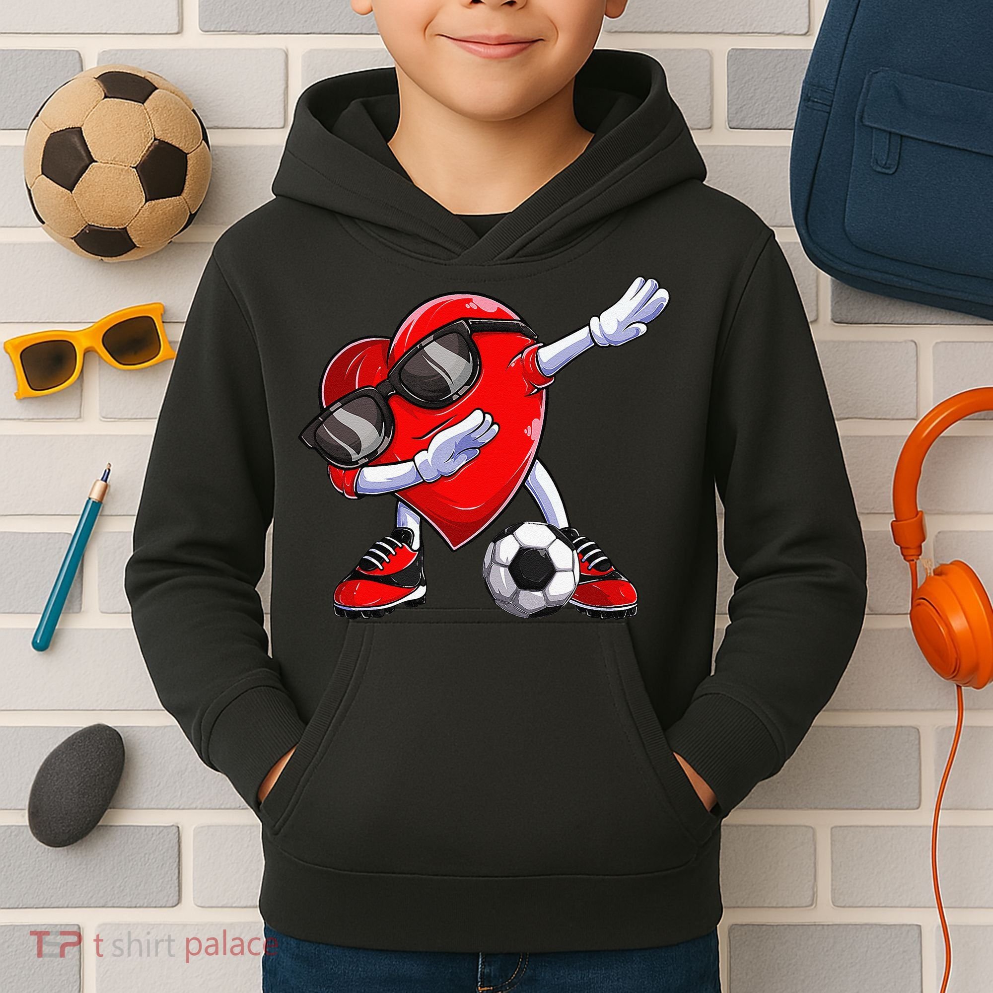 Dabbing Soccer Ball Heart funny Valentines Day Kids Hoodie