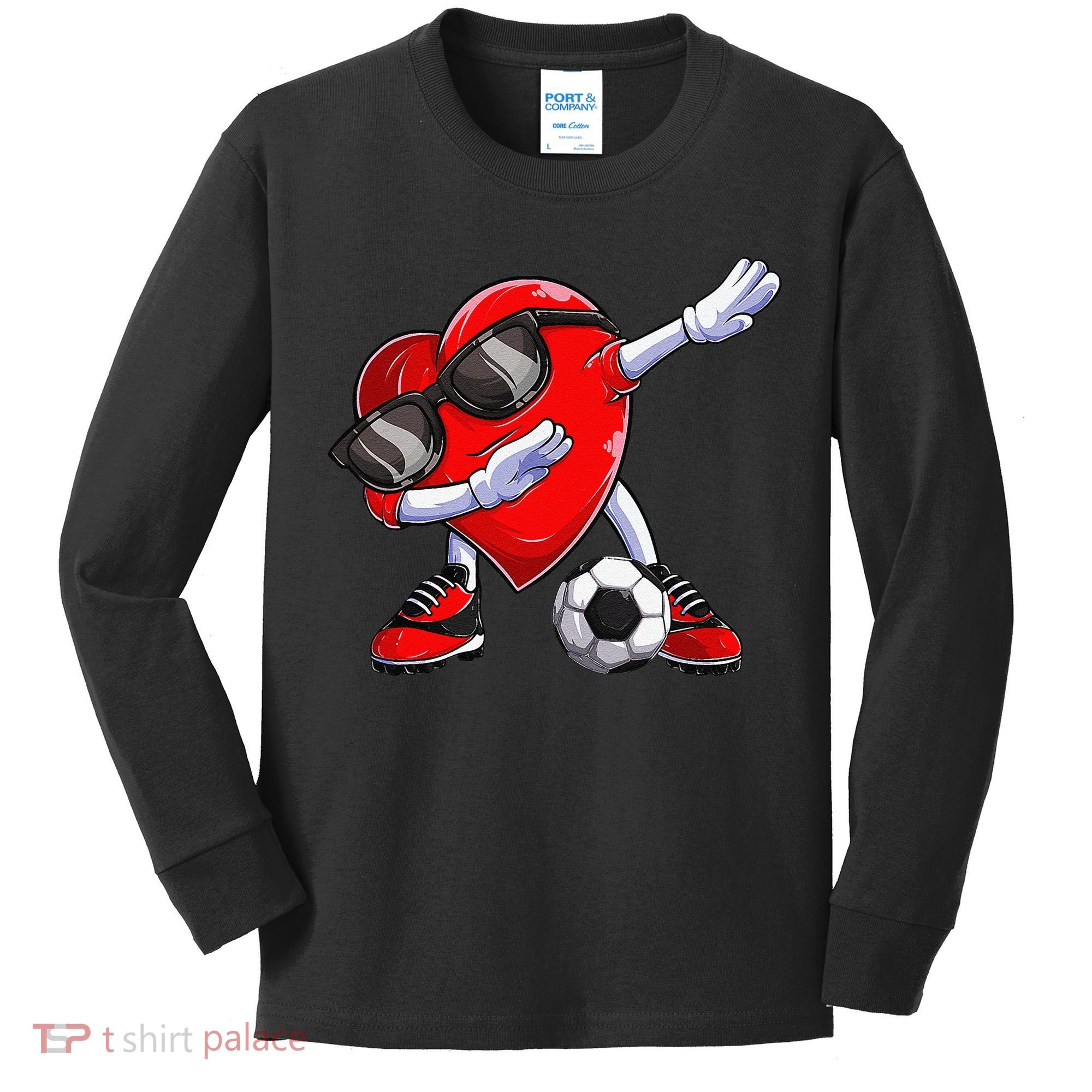 Dabbing Soccer Ball Heart funny Valentines Day Kids Long Sleeve Shirt