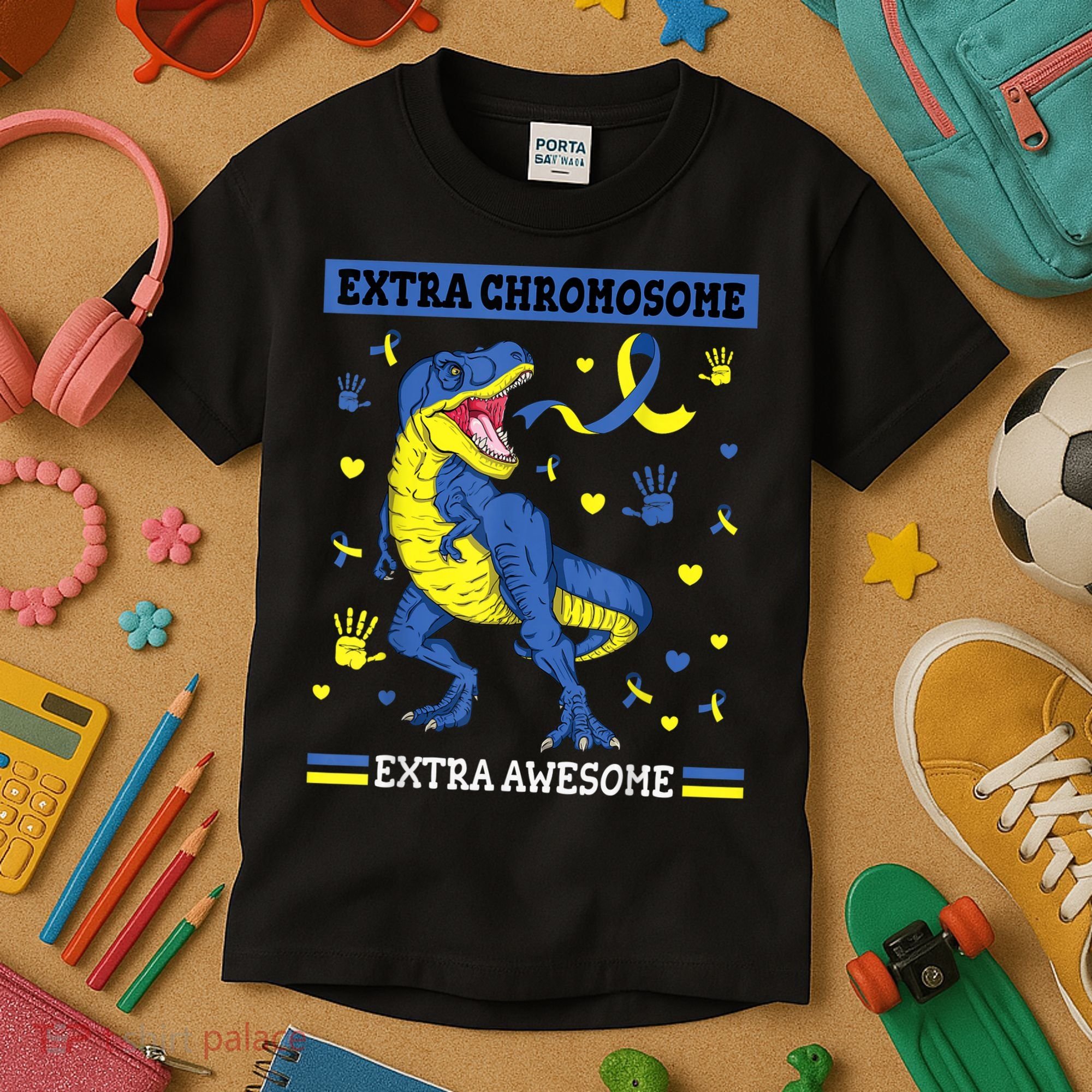 Down Syndrome Dinosaur T rex Extra Chromosome Extra Awesome Kids T-Shirt