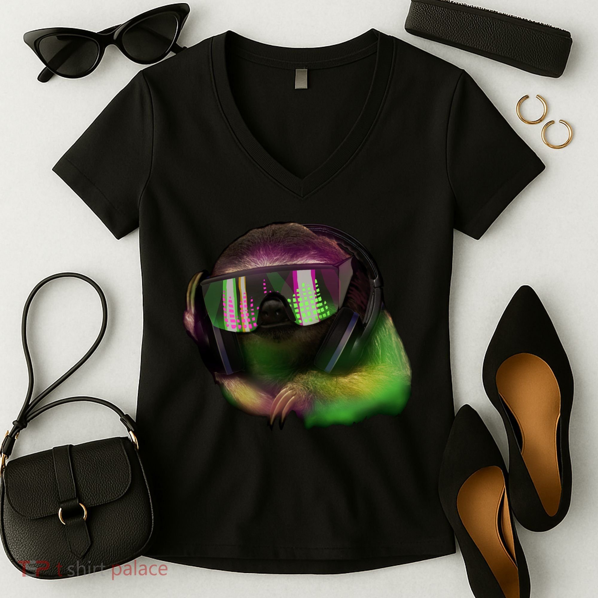 DJ Sloth Women's V-Neck T-Shirt
