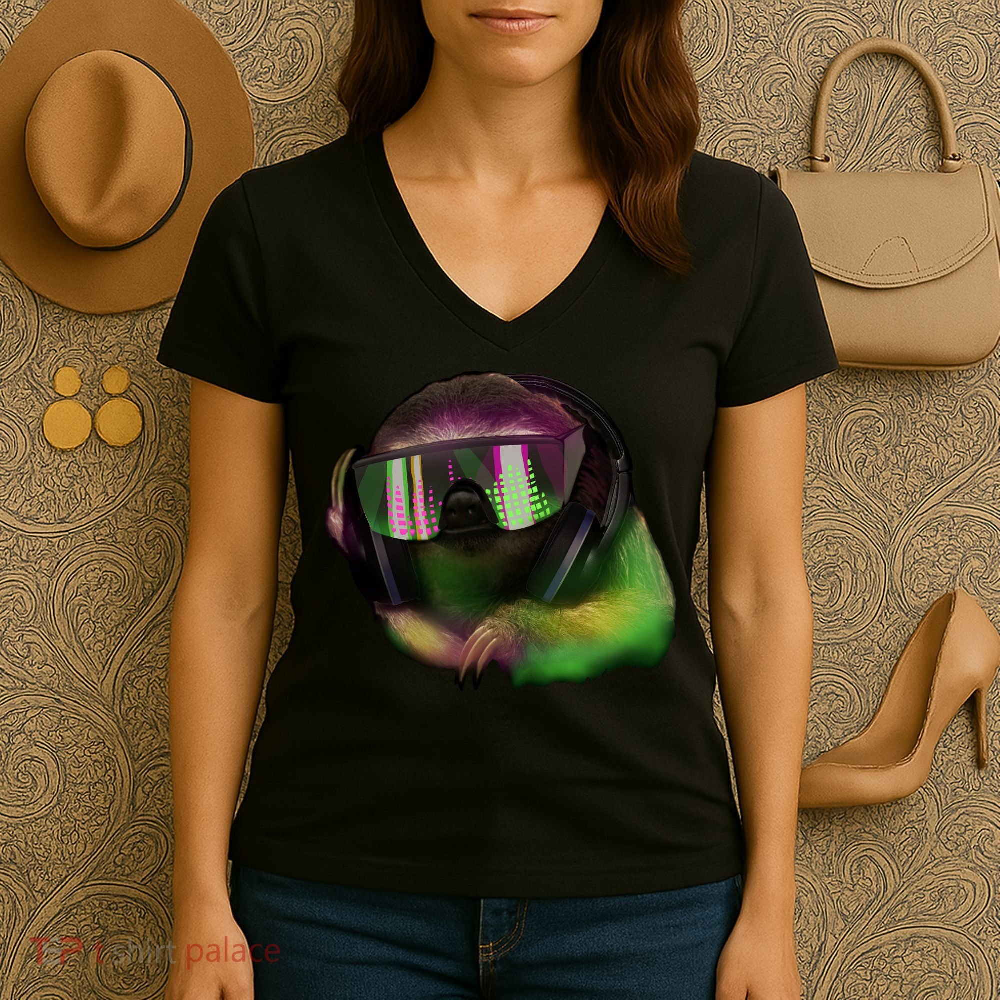 DJ Sloth Women's V-Neck T-Shirt