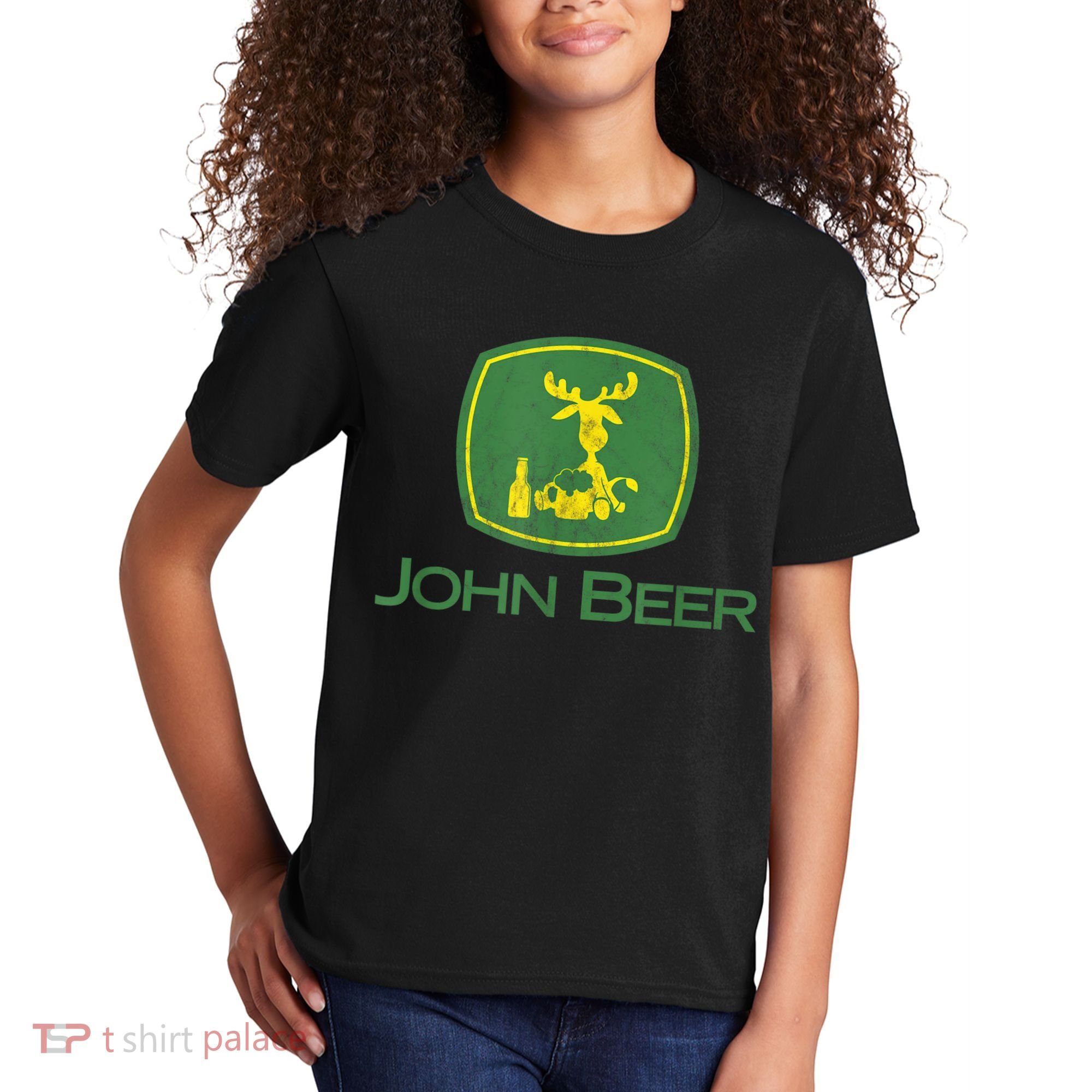 Distressed S Funny Tractor John Beer Deer Farmer Kids T-Shirt