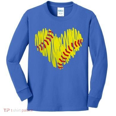 Distressed Softball Heart Kids Long Sleeve Shirt