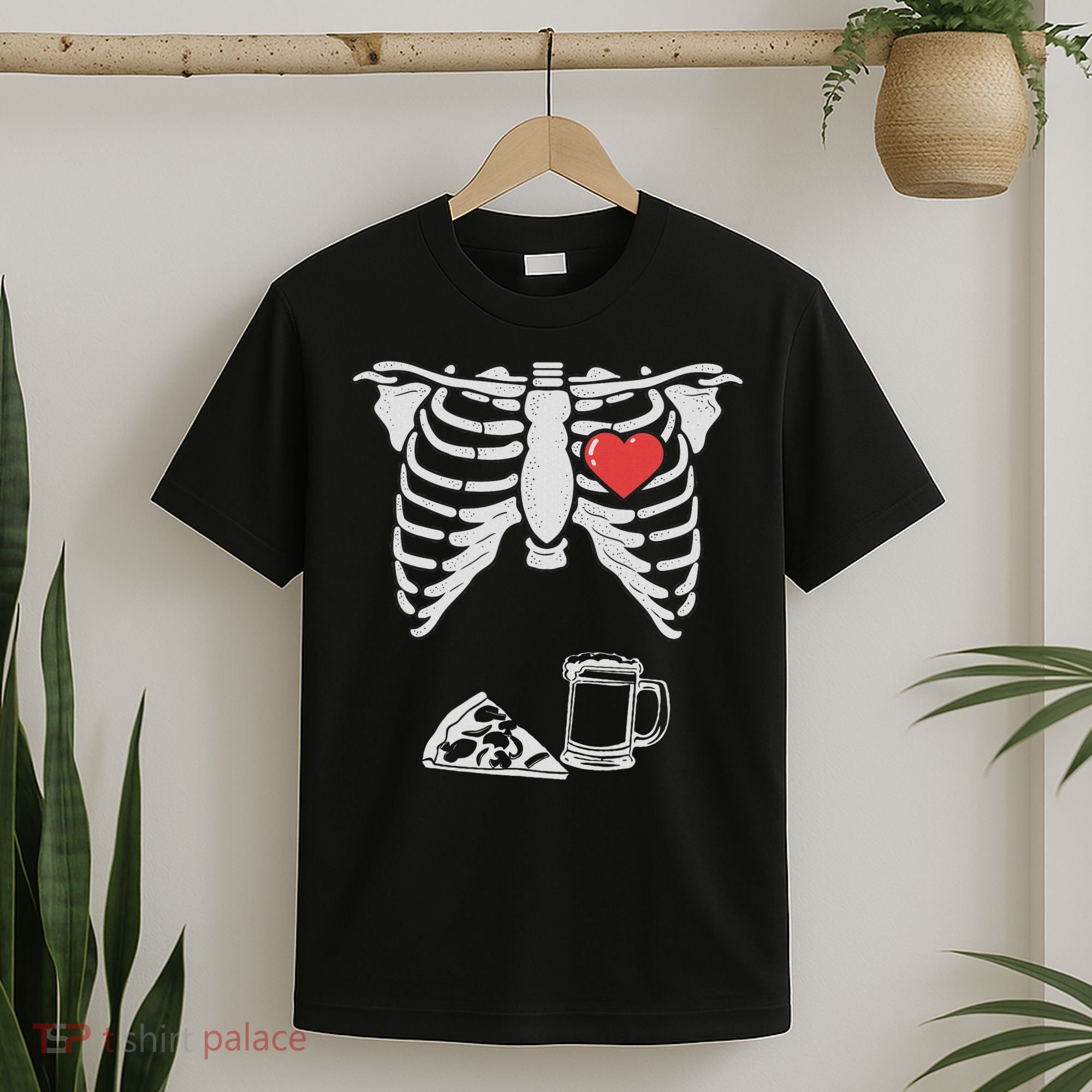 Dad Skeleton Halloween Beer Pizza Funny Pregnancy Couple T-Shirt