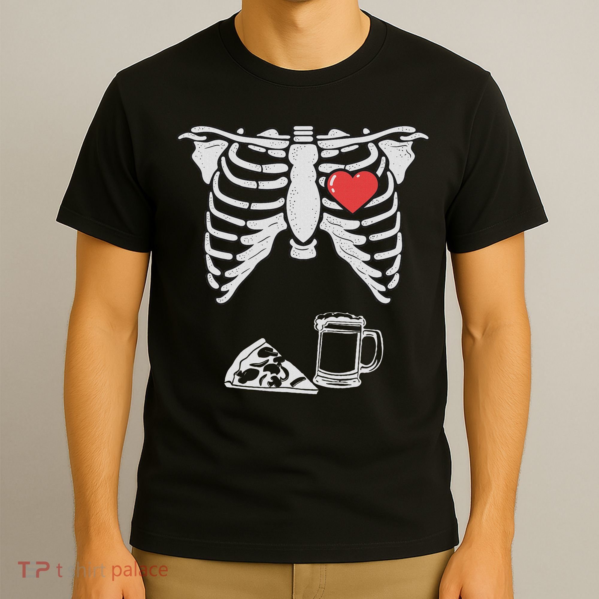 Dad Skeleton Halloween Beer Pizza Funny Pregnancy Couple T-Shirt
