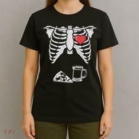 Dad Skeleton Halloween Beer Pizza Funny Pregnancy Couple T-Shirt thumb 4