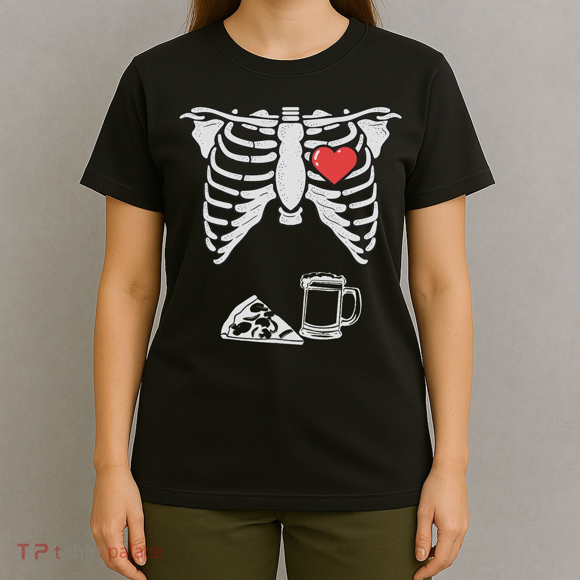 Dad Skeleton Halloween Beer Pizza Funny Pregnancy Couple T-Shirt