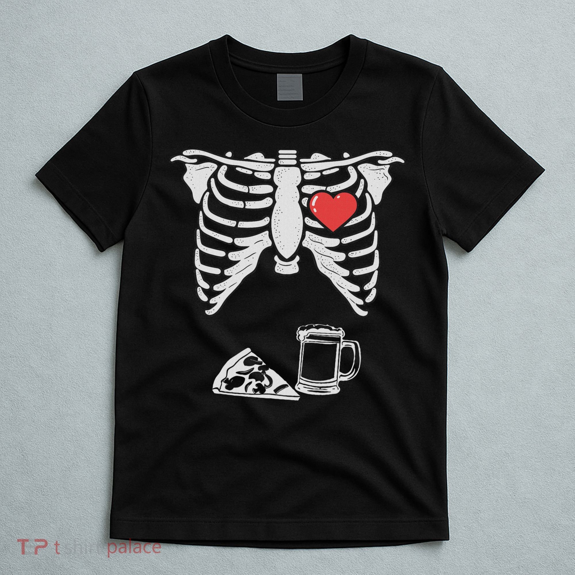 Dad Skeleton Halloween Beer Pizza Funny Pregnancy Couple T-Shirt