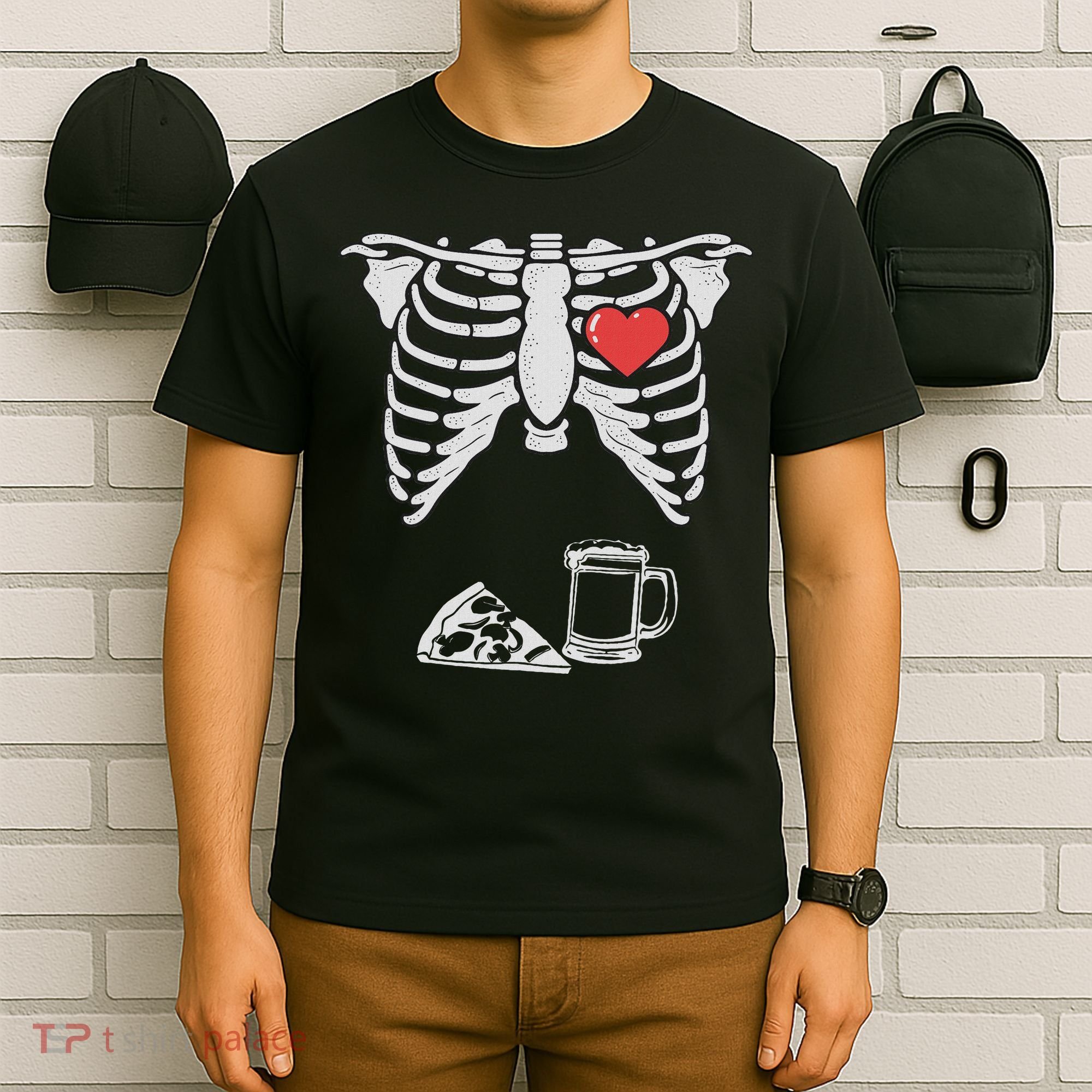 Dad Skeleton Halloween Beer Pizza Funny Pregnancy Couple T-Shirt
