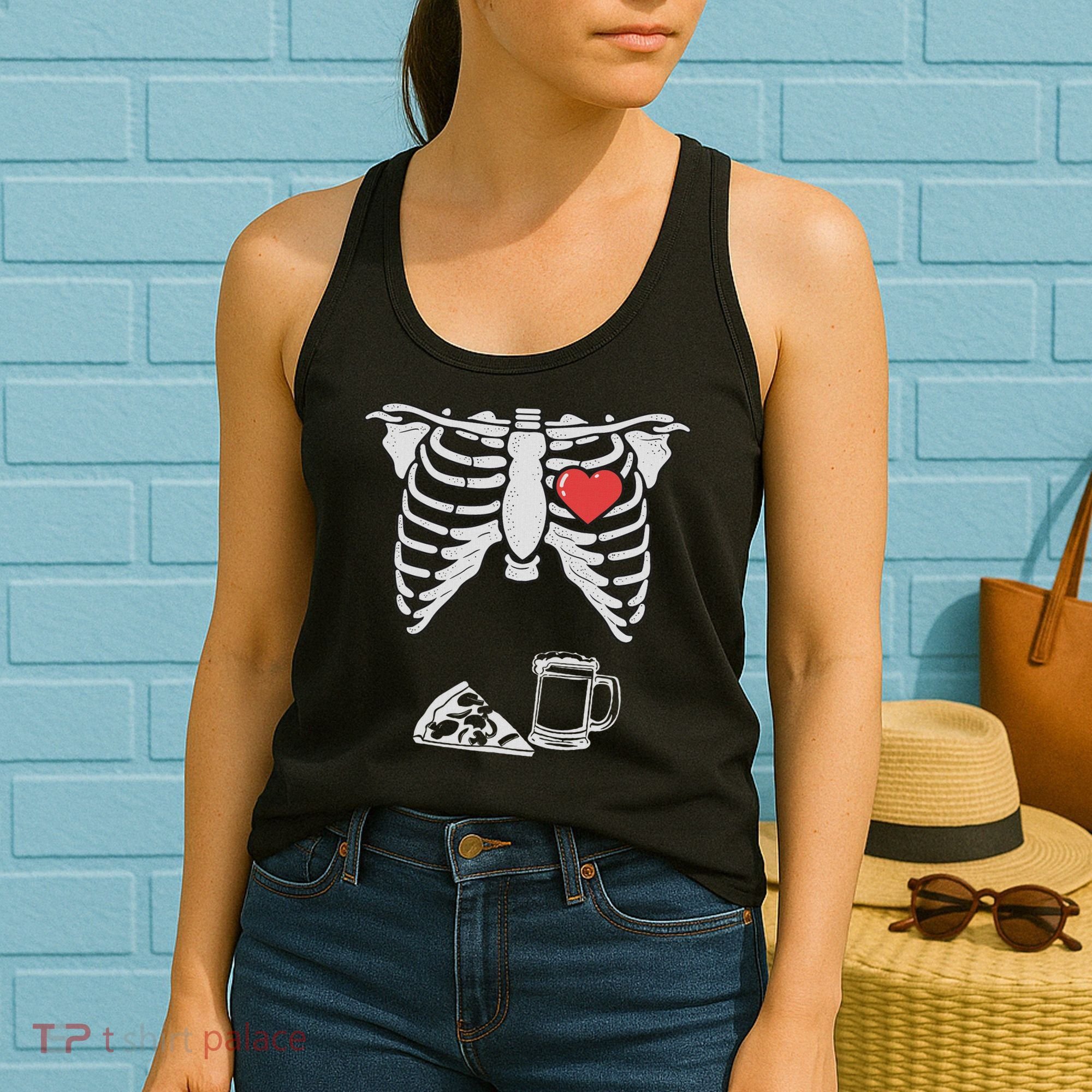 Dad Skeleton Halloween Beer Pizza Funny Pregnancy Couple Women's Tank Top