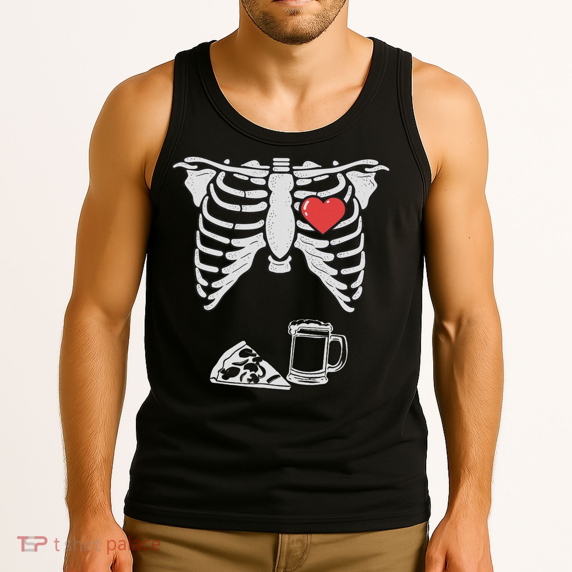 Dad Skeleton Halloween Beer Pizza Funny Pregnancy Couple Tank Top