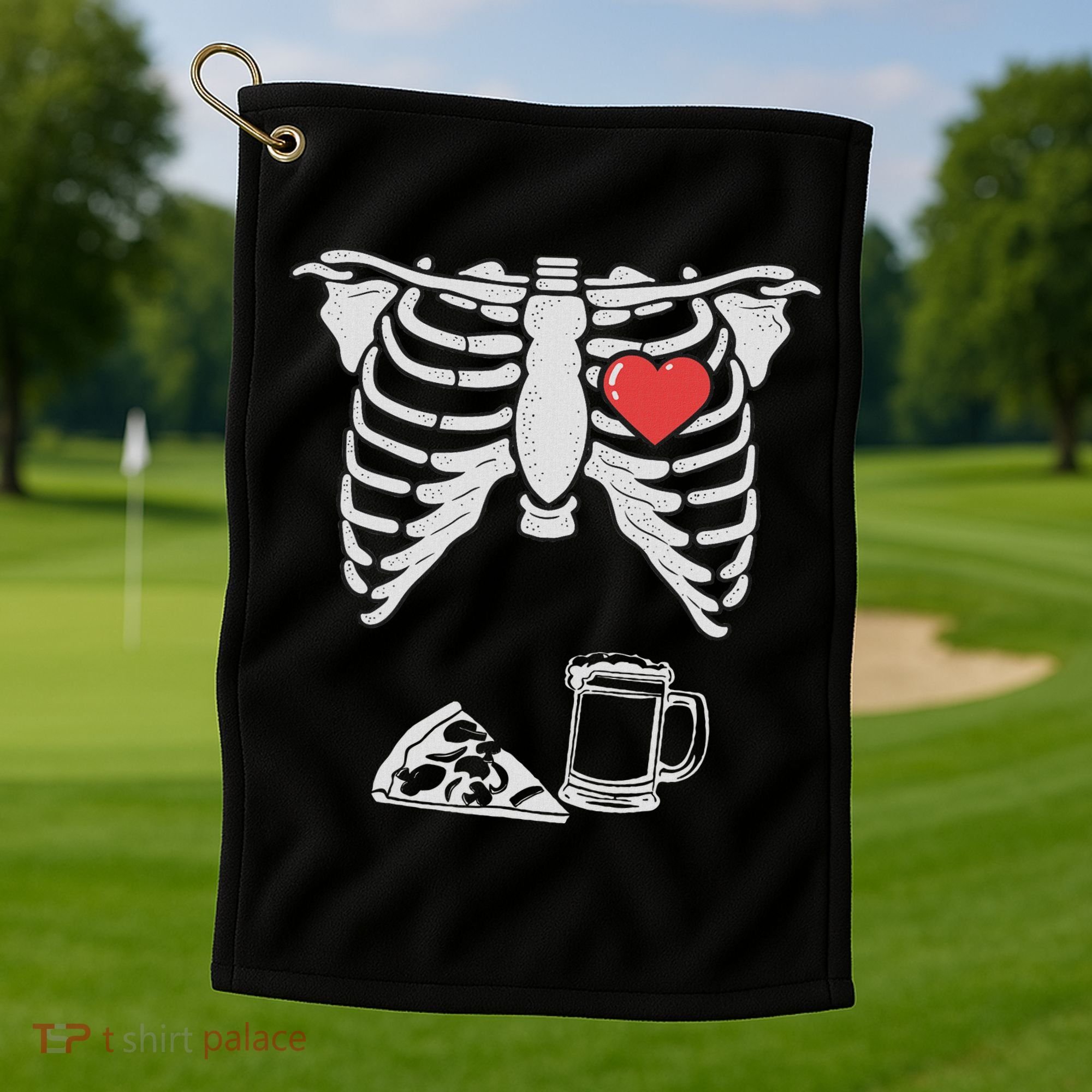 Dad Skeleton Halloween Beer Pizza Funny Pregnancy Couple Golf Towel