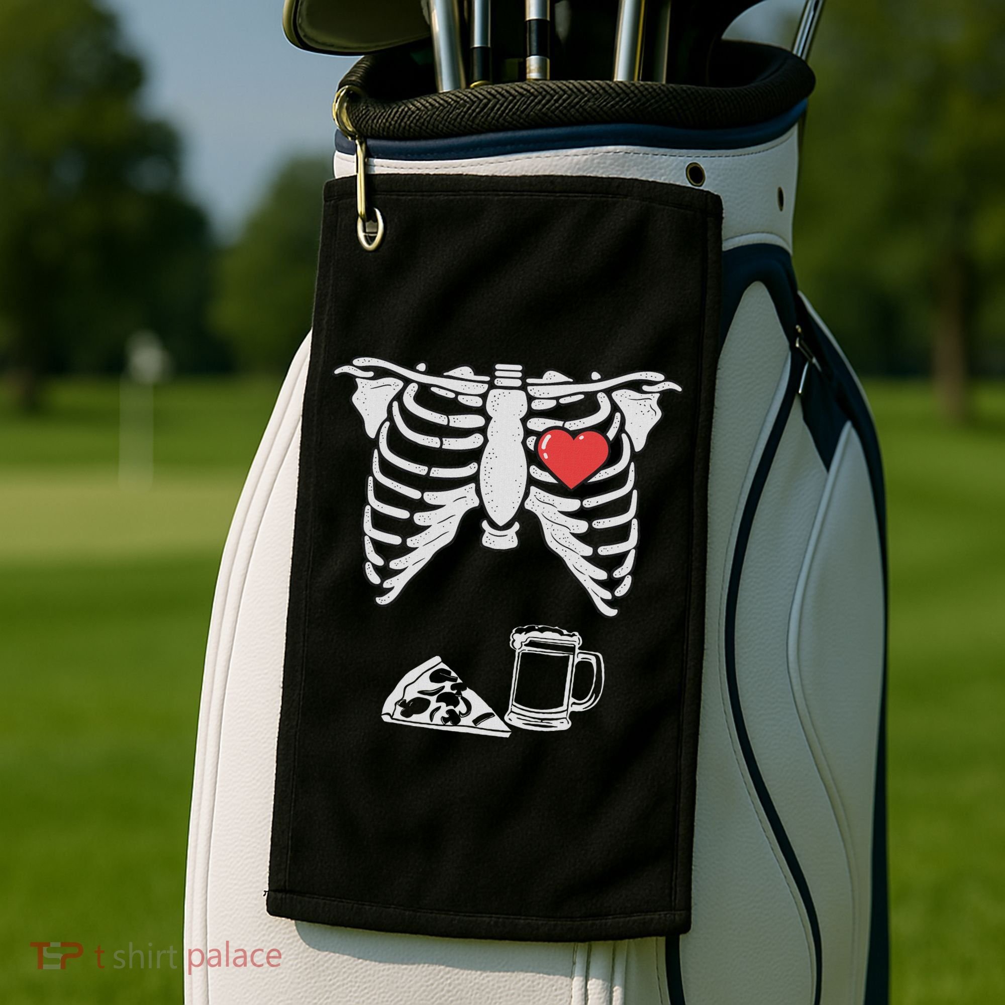 Dad Skeleton Halloween Beer Pizza Funny Pregnancy Couple Golf Towel